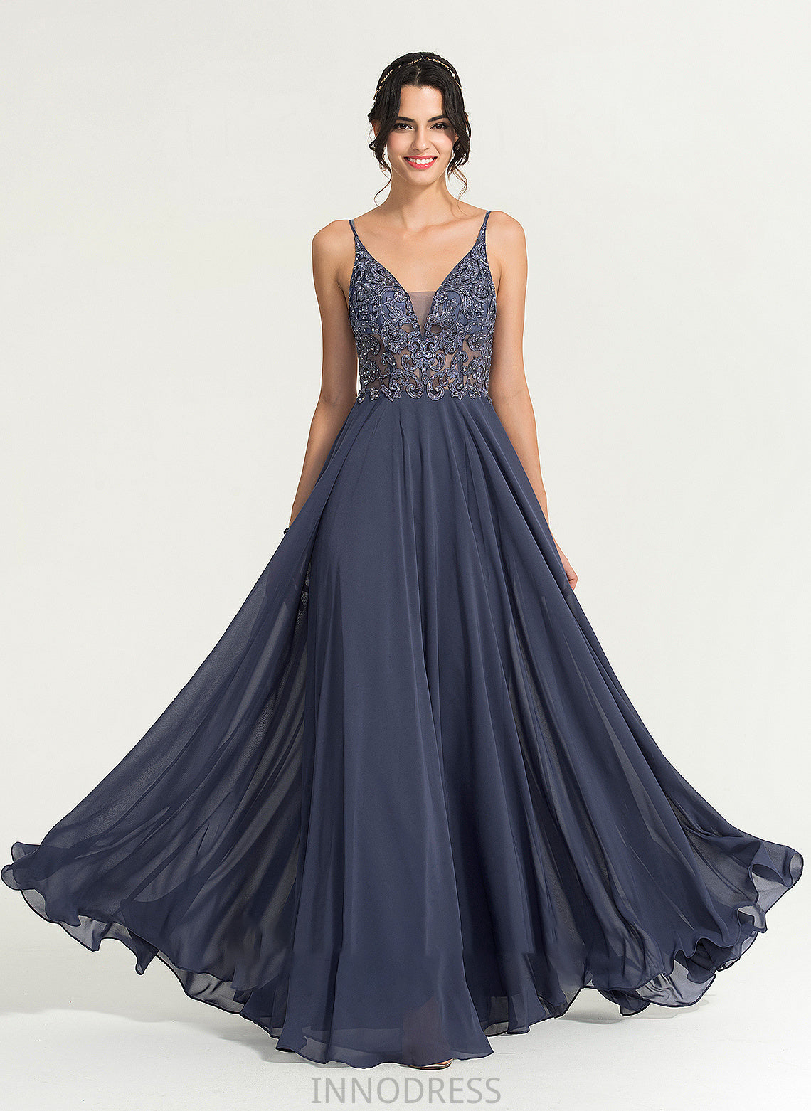 V-neck Lilliana Sequins A-Line Chiffon Beading With Floor-Length Prom Dresses