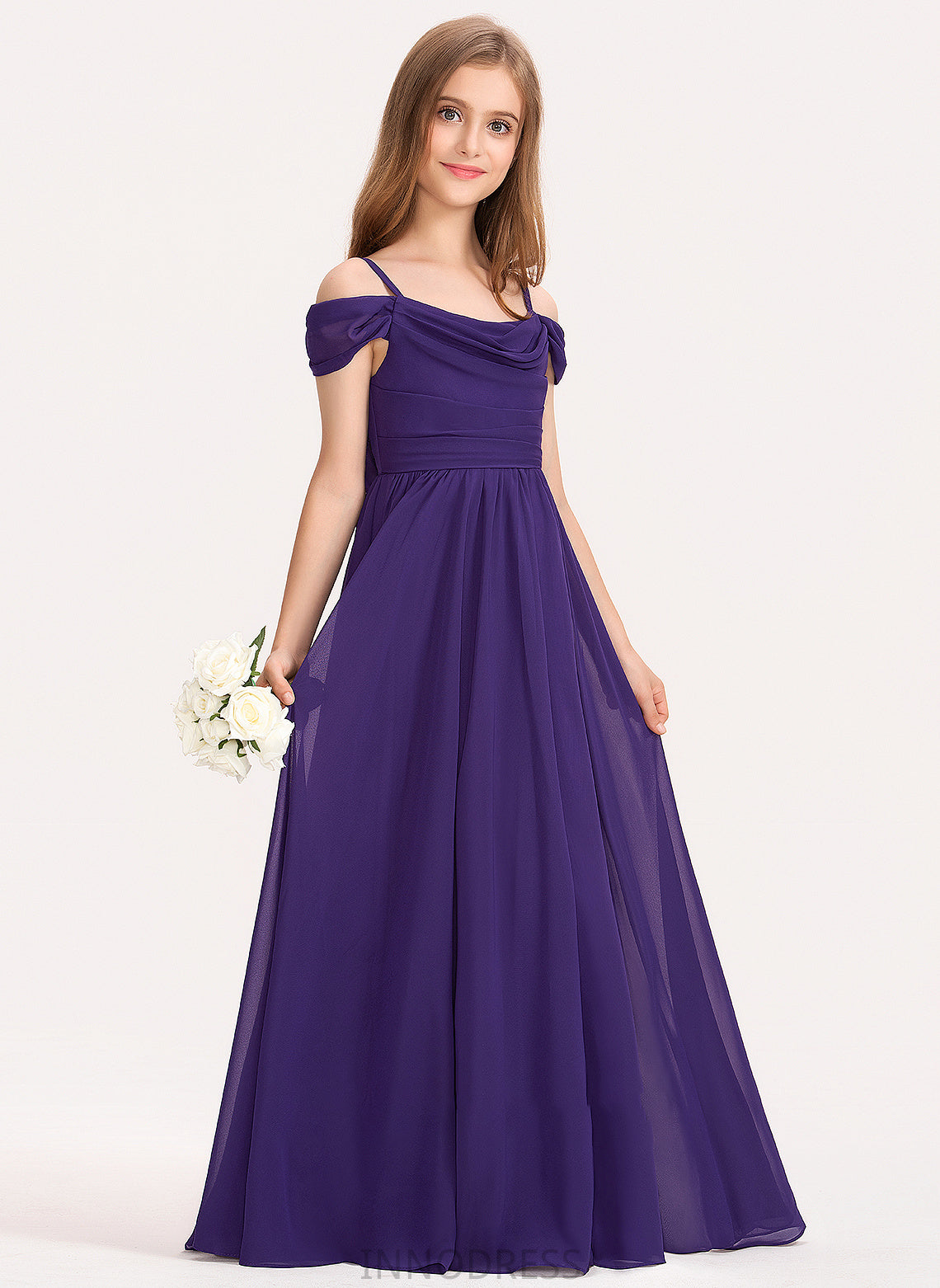 Ruffle Jaslene A-Line Floor-Length Off-the-Shoulder Junior Bridesmaid Dresses With Chiffon