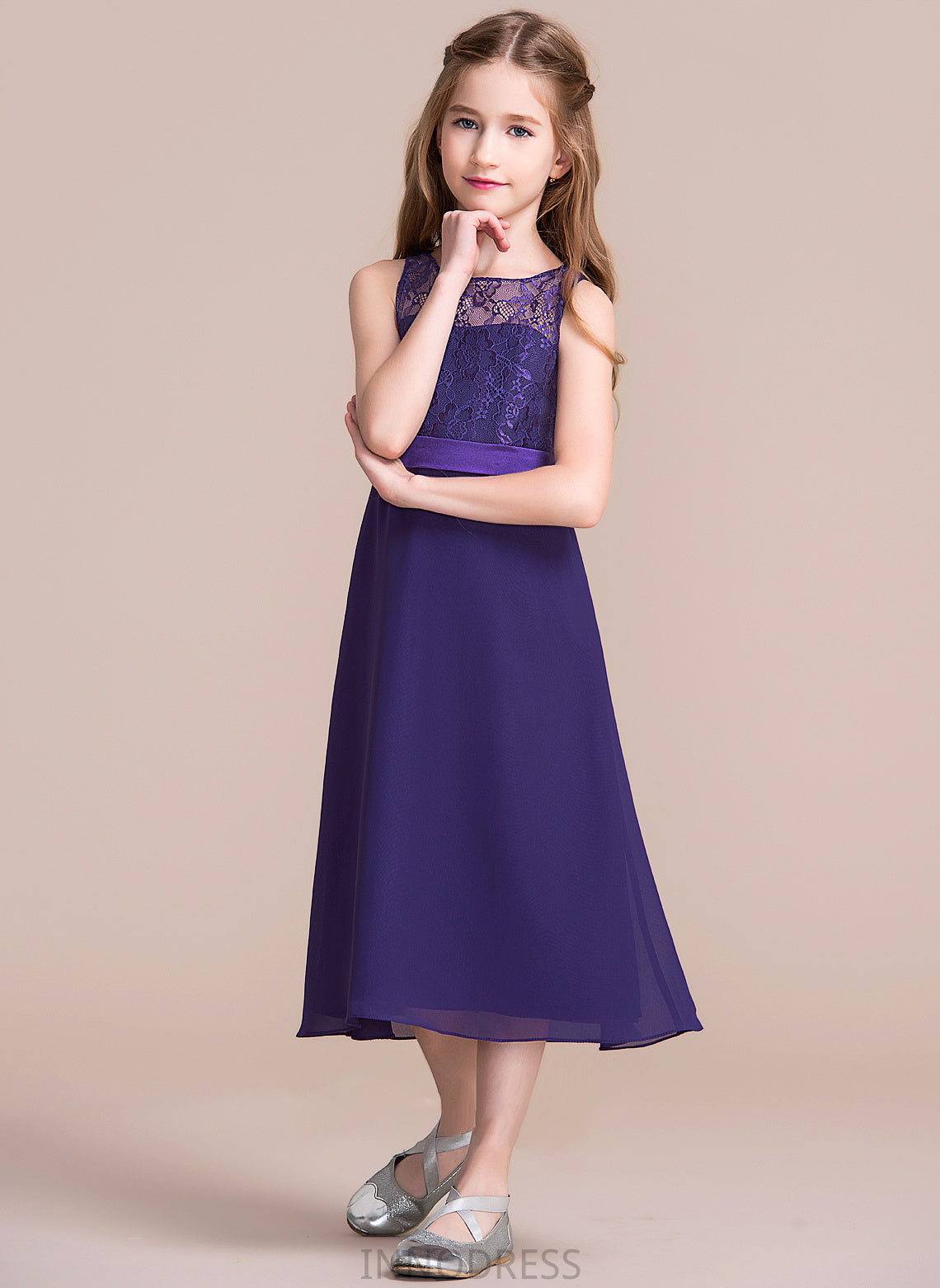 Junior Bridesmaid Dresses Scoop A-Line Neck Payton Chiffon Tea-Length