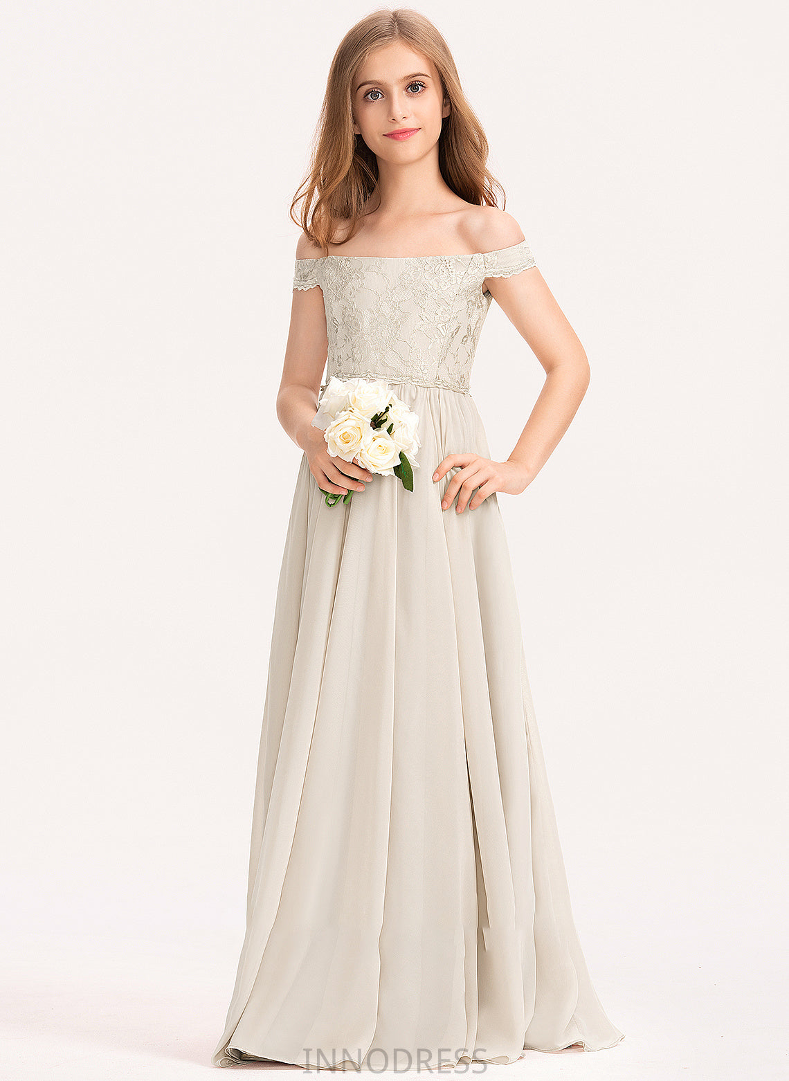 Finley Junior Bridesmaid Dresses Off-the-Shoulder Lace Floor-Length Chiffon A-Line