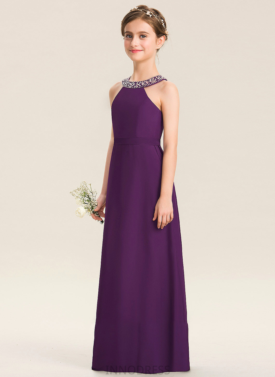 A-Line Bow(s) Junior Bridesmaid Dresses Diya Chiffon Floor-Length Scoop With Beading Neck