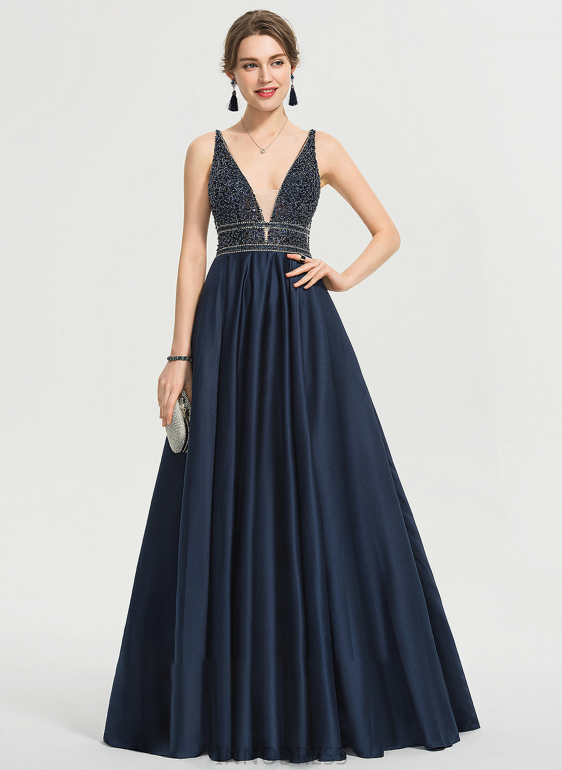 Ball-Gown/Princess V-neck Aubrie Floor-Length Sequins Beading With Prom Dresses Satin