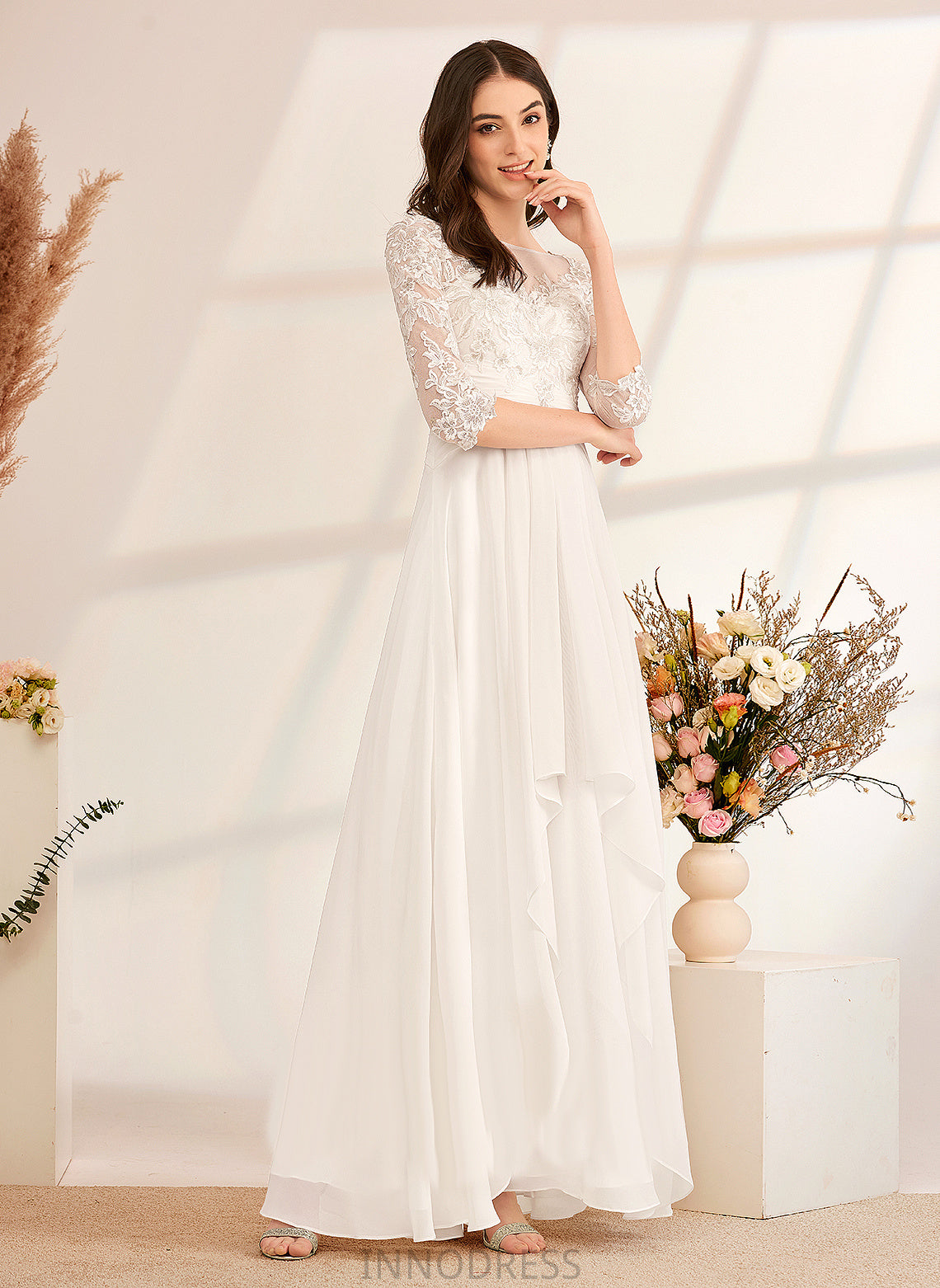 Illusion With Wedding A-Line Dress Wedding Dresses Beading Lace Chiffon Natasha Floor-Length Ruffle