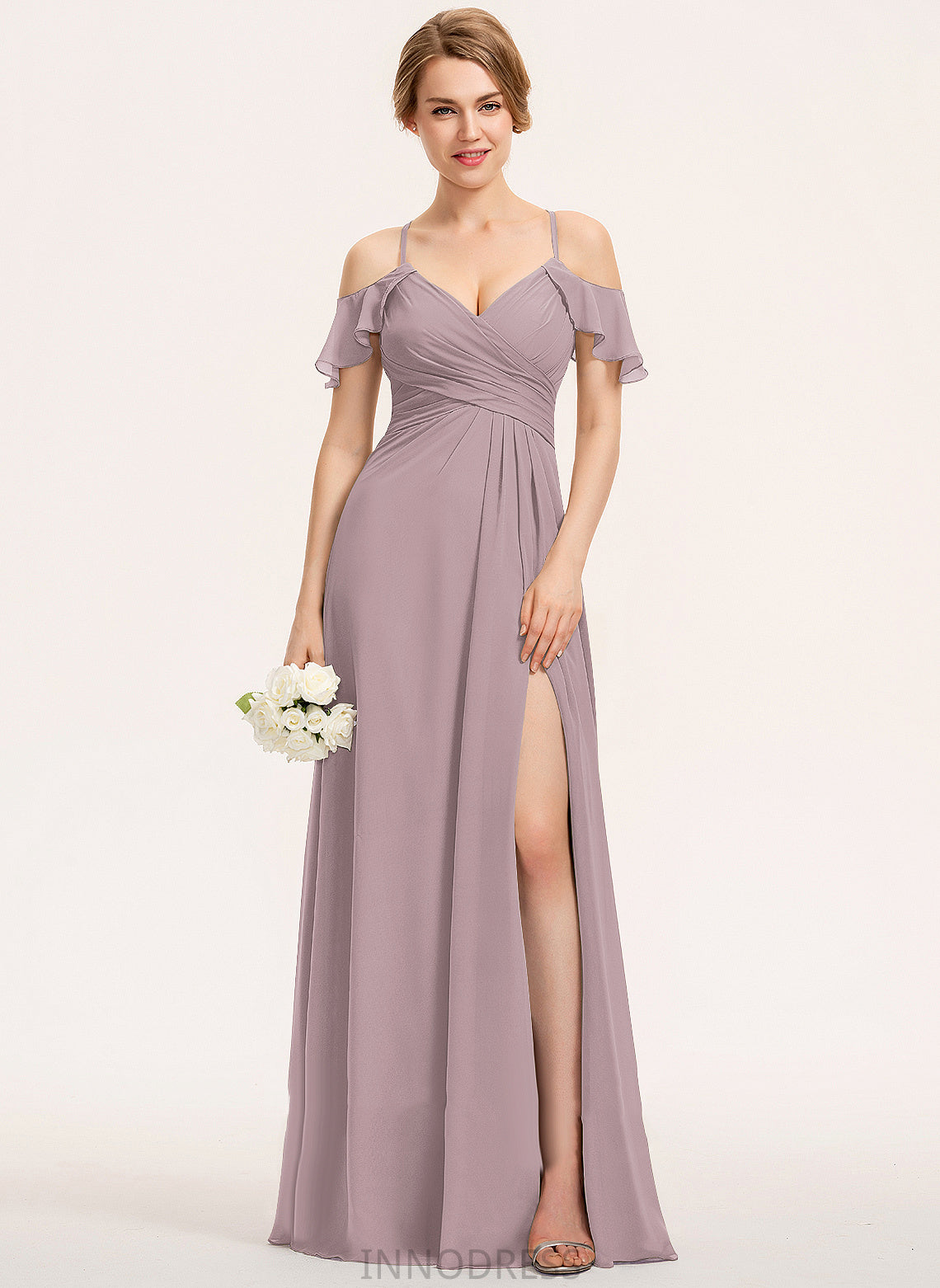 ColdShoulder Silhouette Floor-Length Neckline Length SplitFront CascadingRuffles Embellishment V-neck A-Line Fabric Ruffle Bridesmaid Dresses