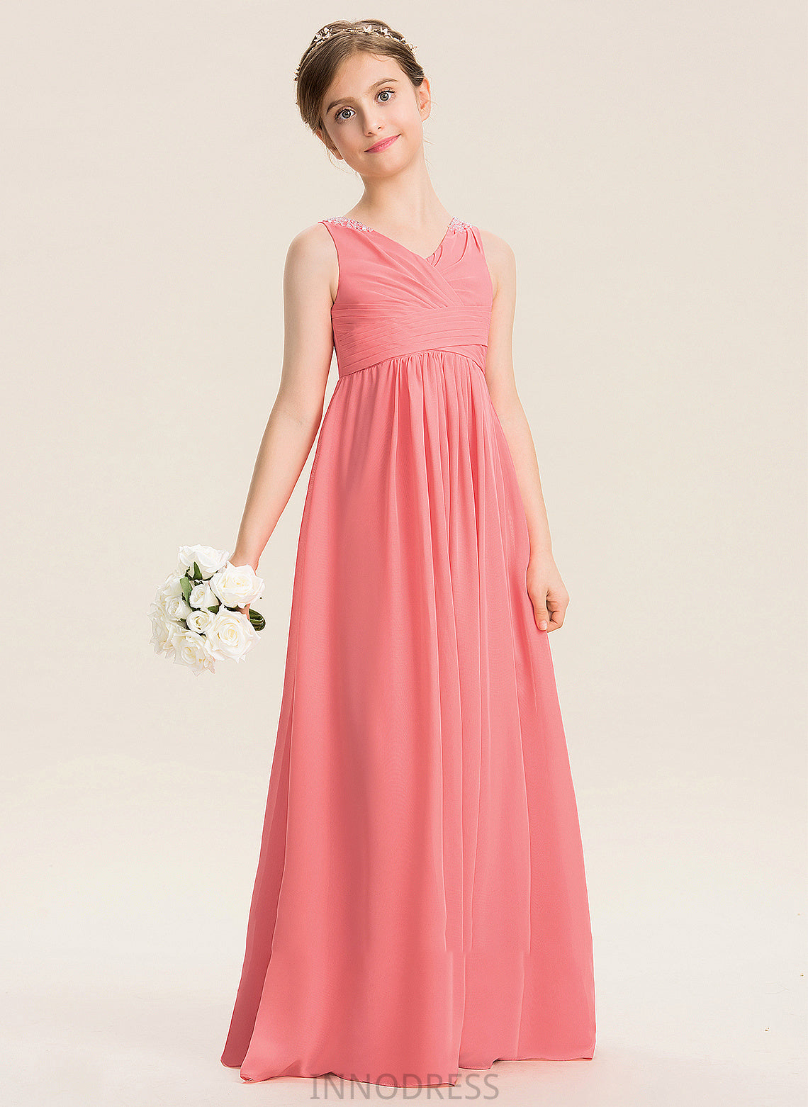 Junior Bridesmaid Dresses Zoie EmpireV-neckFloor-LengthChiffonJuniorBridesmaidDressWithRuffleBeadingSequins#173291