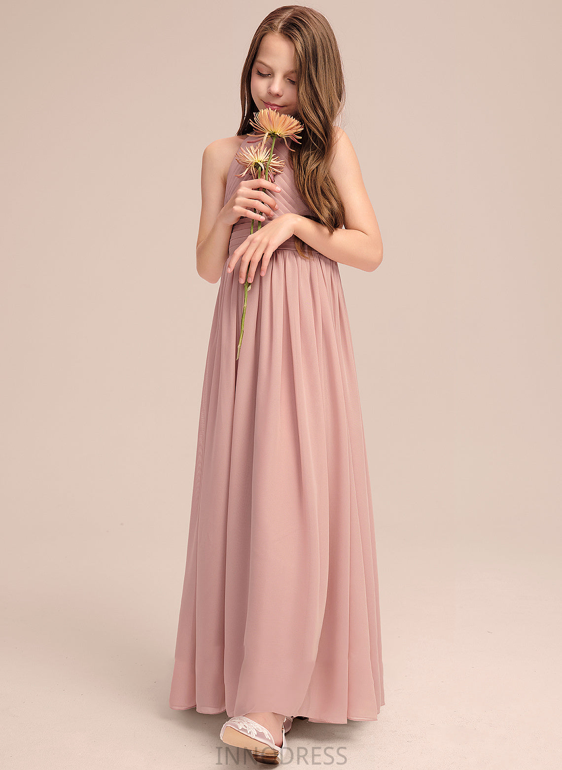 With Neck Junior Bridesmaid Dresses Ruffle Scoop Floor-Length A-Line Raven Chiffon