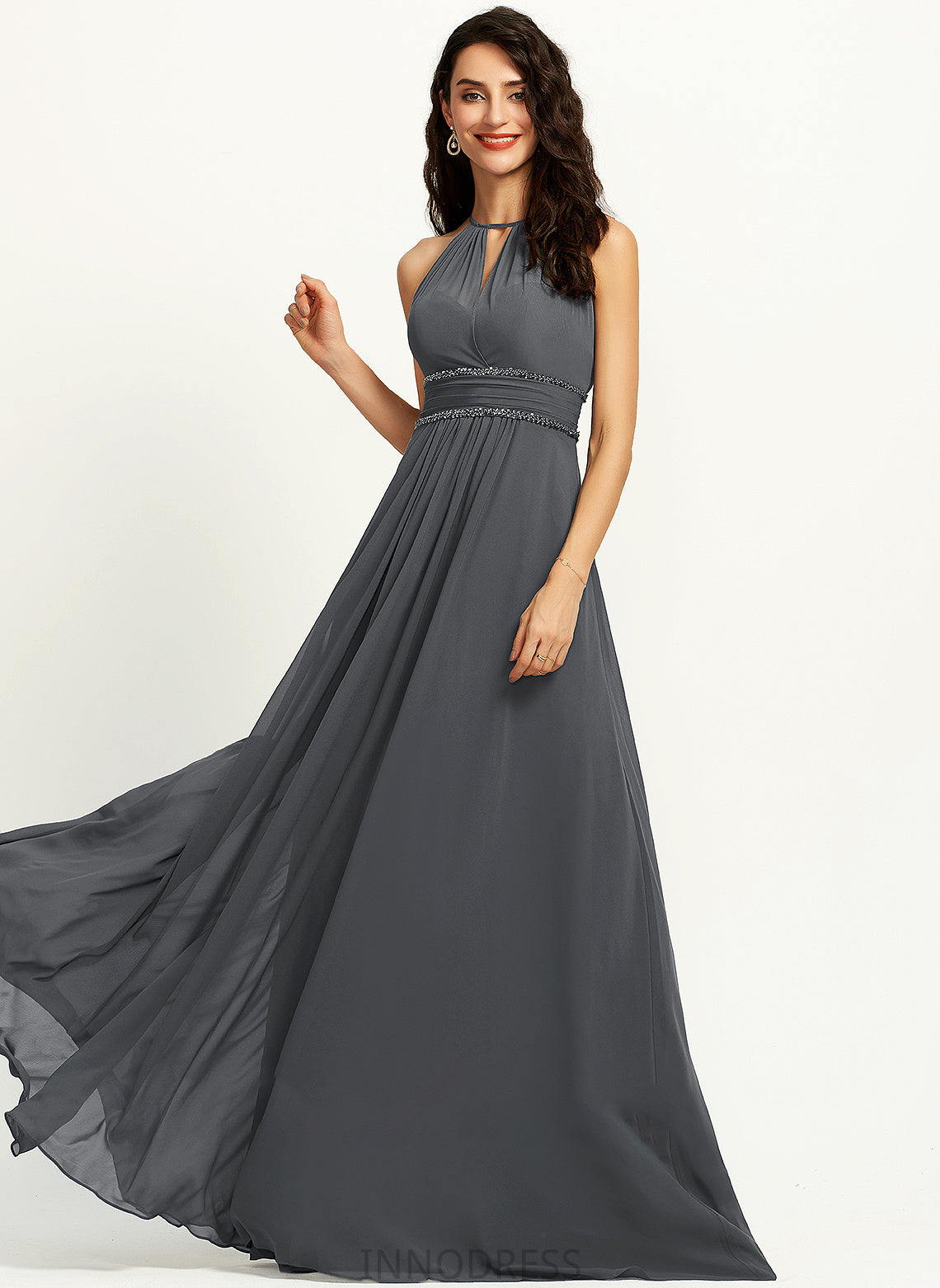 Length Silhouette Floor-Length Embellishment Sequins Fabric Halter Neckline A-Line Ruffle Beading Belinda