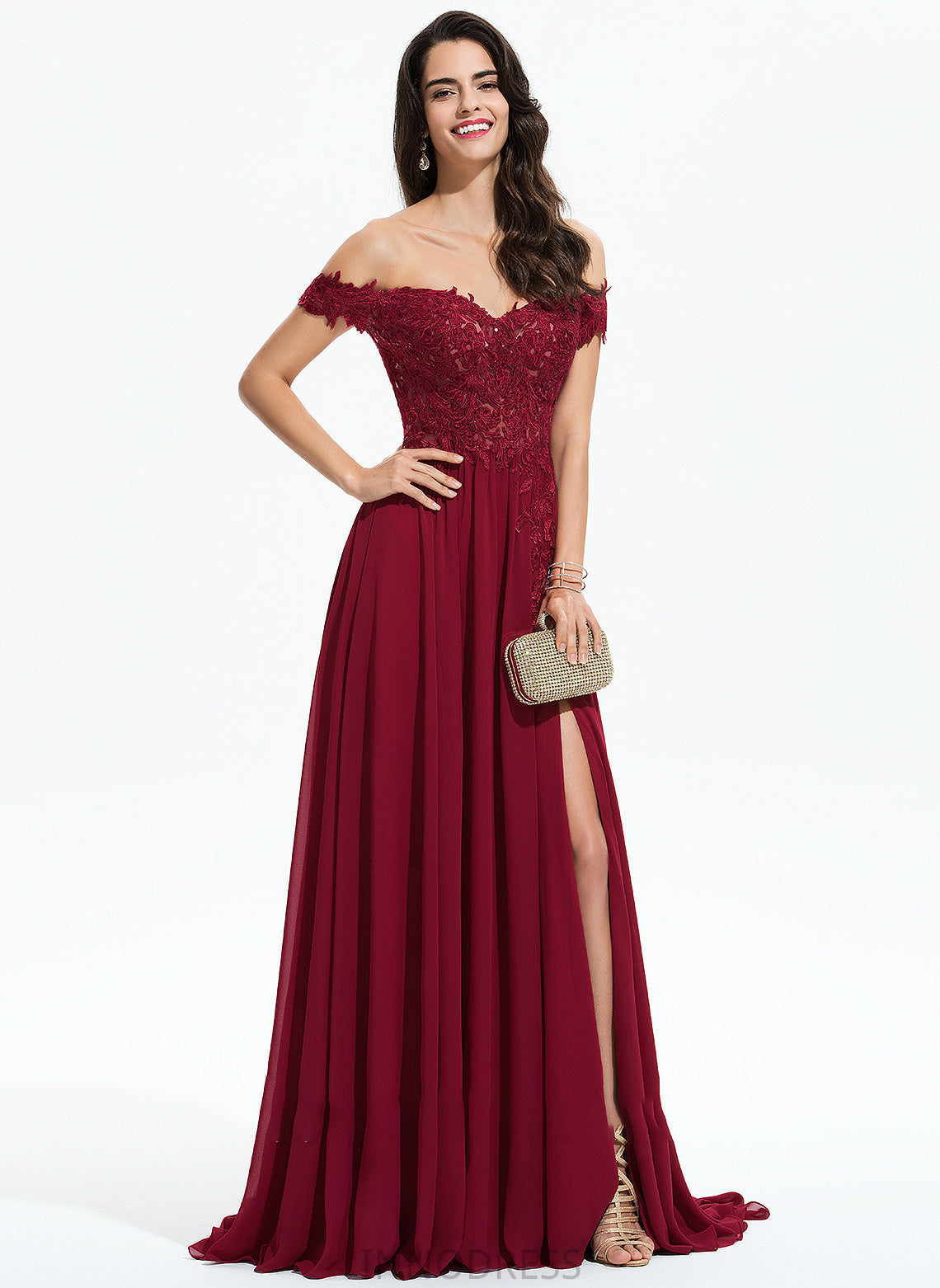 Prom Dresses A-Line Chiffon Nyla Sweep Sequins With Off-the-Shoulder Lace Train