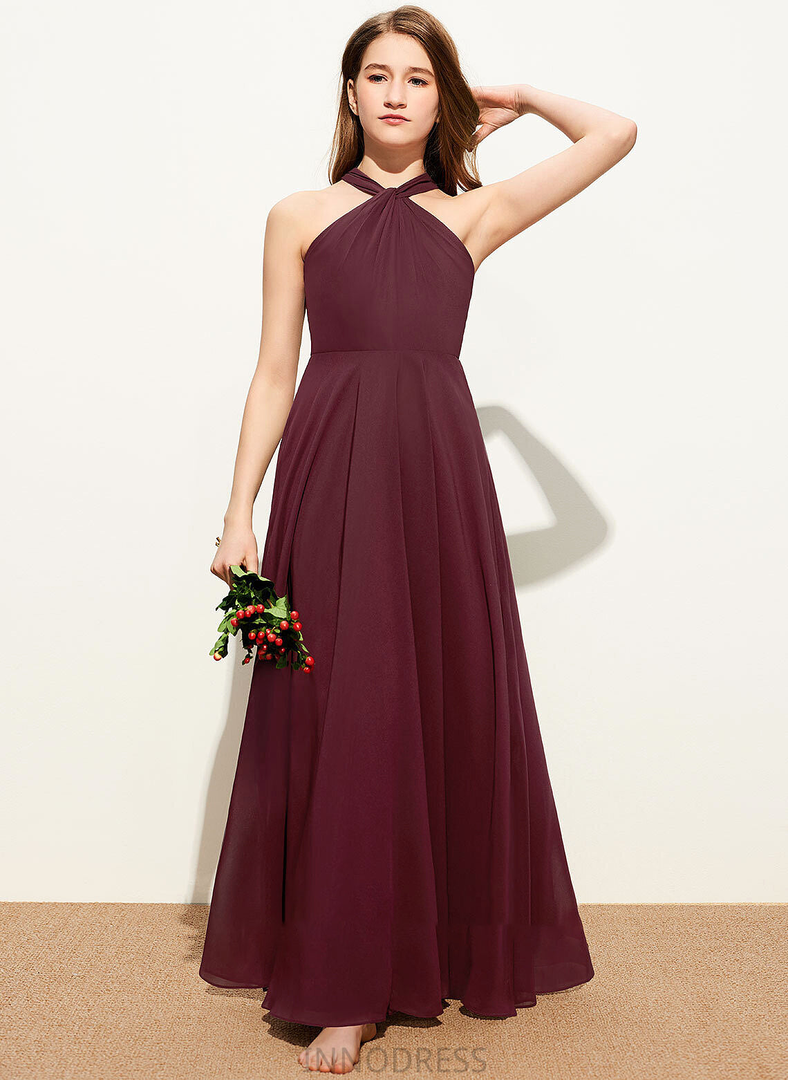 Chiffon With A-Line Ruffle Lilith Floor-Length Junior Bridesmaid Dresses V-neck