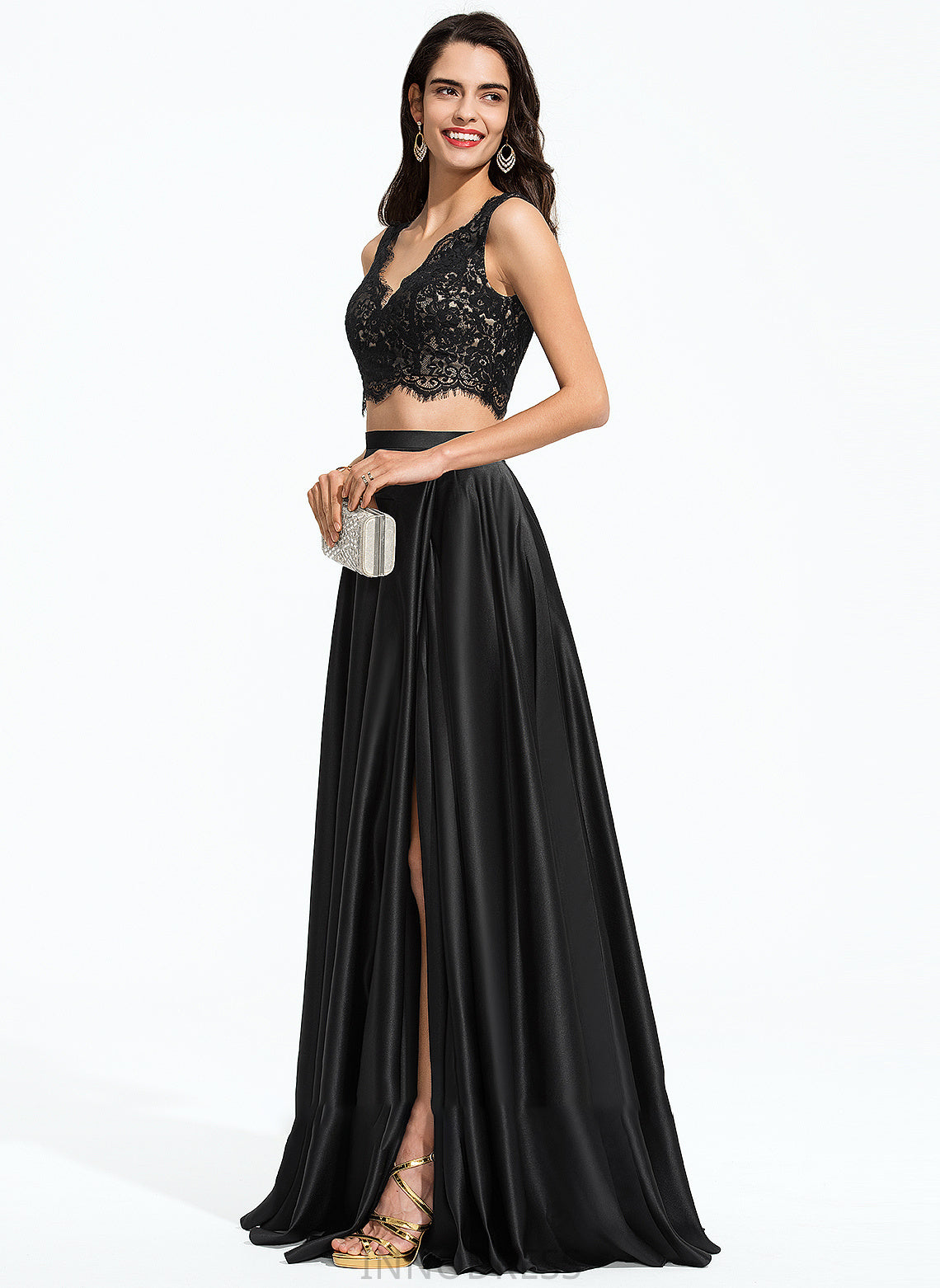 V-neck A-Line With Front Split Satin Prom Dresses Floor-Length Aniyah