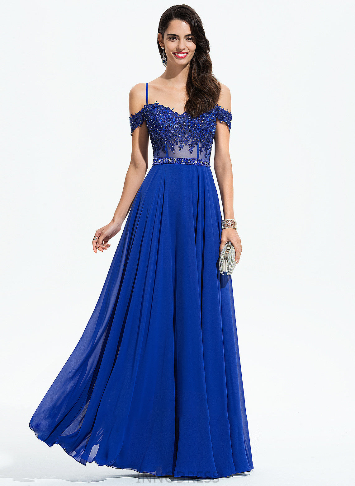 Beading Dylan Off-the-Shoulder Floor-Length With A-Line Sequins Chiffon Prom Dresses Sweetheart