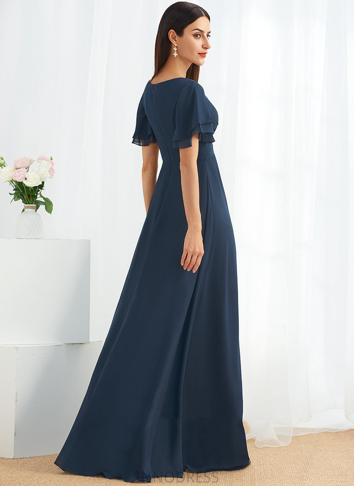 V-neck SplitFront Neckline Silhouette Length Embellishment Fabric A-Line Floor-Length Penelope A-Line/Princess Natural Waist Bridesmaid Dresses