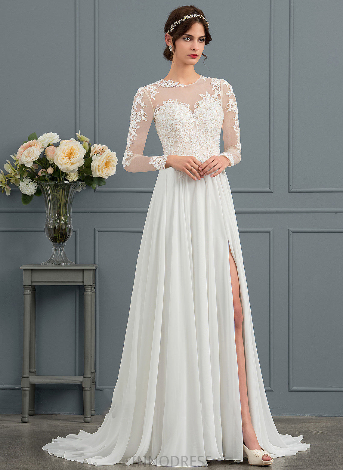 Wedding Dresses Appliques With Train A-Line Chiffon Illusion Dress Split Front Wedding Lace Finley Sweep