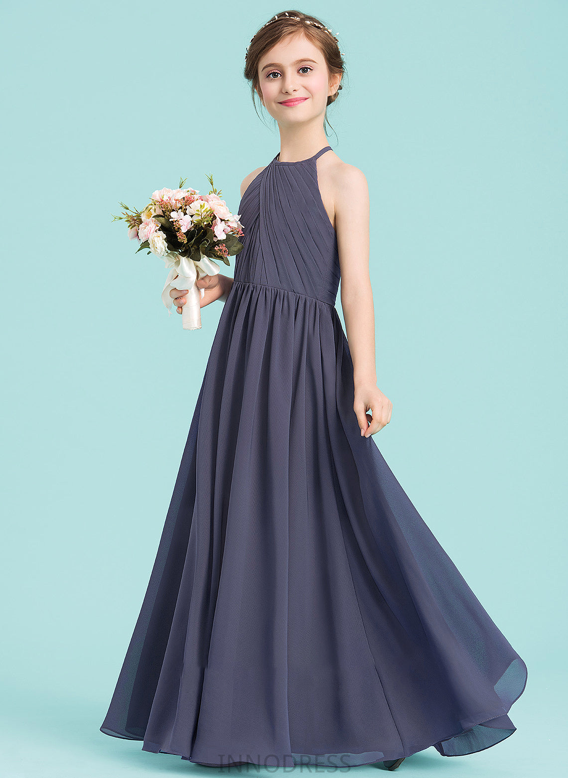 Ruffle With A-Line Junior Bridesmaid Dresses Chiffon Neck Floor-Length Kenzie Scoop