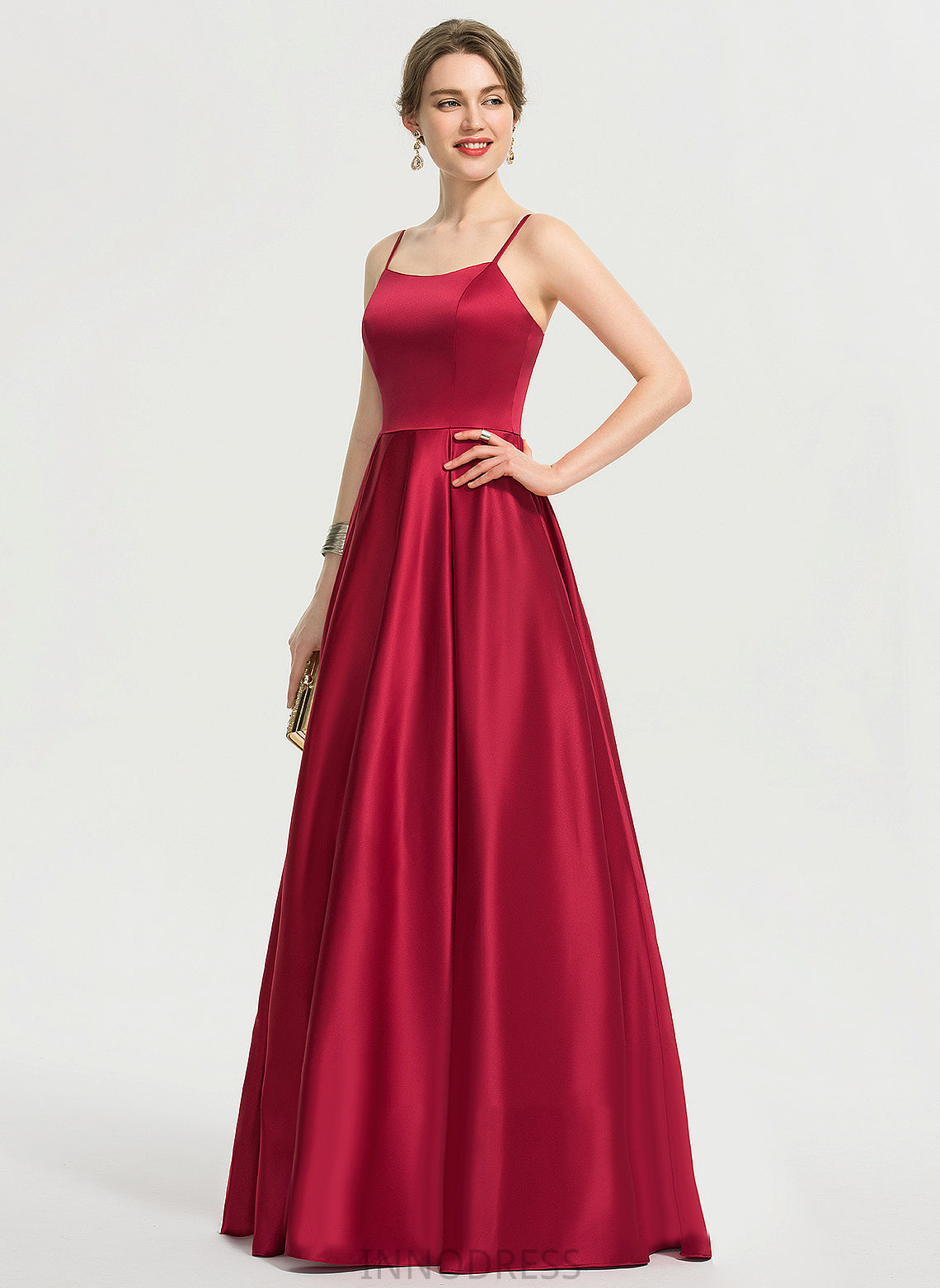 A-Line Fabric Square Silhouette Satin Straps&Sleeves Length Floor-Length Neckline Litzy A-Line/Princess Knee Length Bridesmaid Dresses