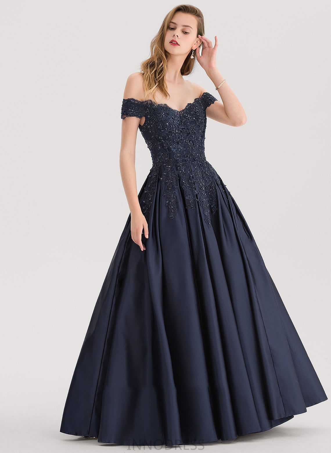 Floor-Length Alexus Satin Ball-Gown/Princess Off-the-Shoulder With Sequins Prom Dresses Beading