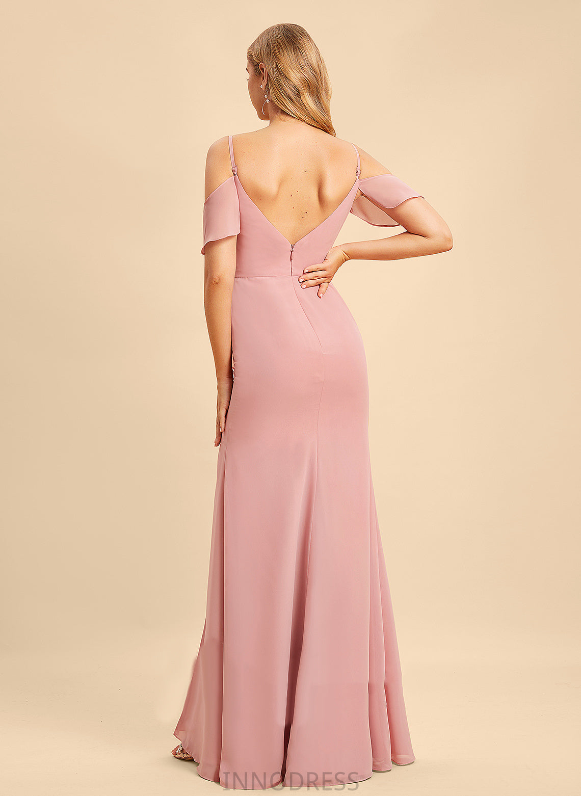 Silhouette Floor-Length Fabric Ruffle Length SplitFront Neckline A-Line Embellishment V-neck Carlie Natural Waist Bridesmaid Dresses