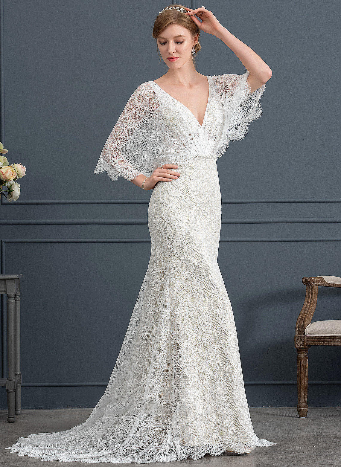 Beading V-neck Wedding With Sweep Wedding Dresses Dress Trumpet/Mermaid Lace Yadira Sequins Train