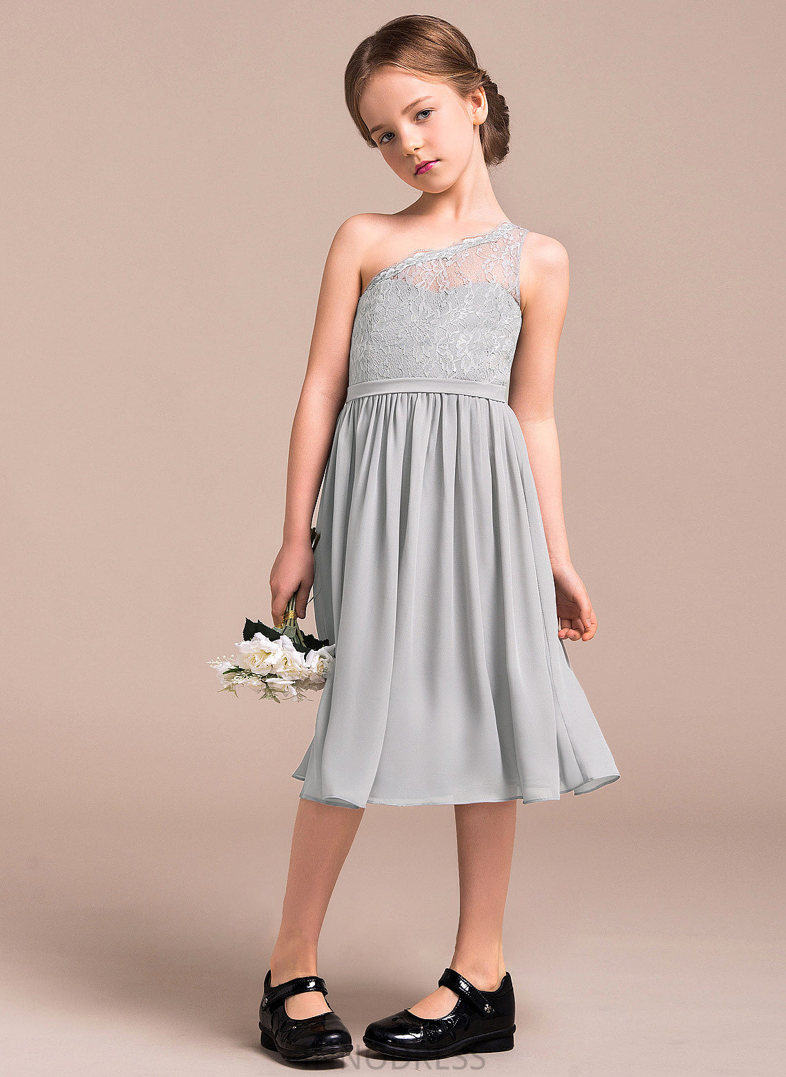 Arianna A-Line Lace Junior Bridesmaid Dresses One-Shoulder Chiffon Knee-Length