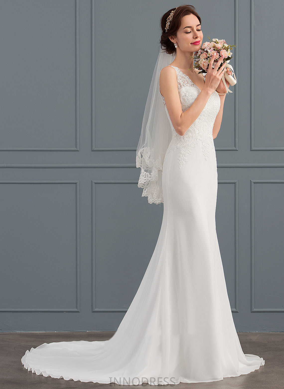 Chiffon Wedding Wedding Dresses Court V-neck Dress Lace Train Trumpet/Mermaid Henrietta