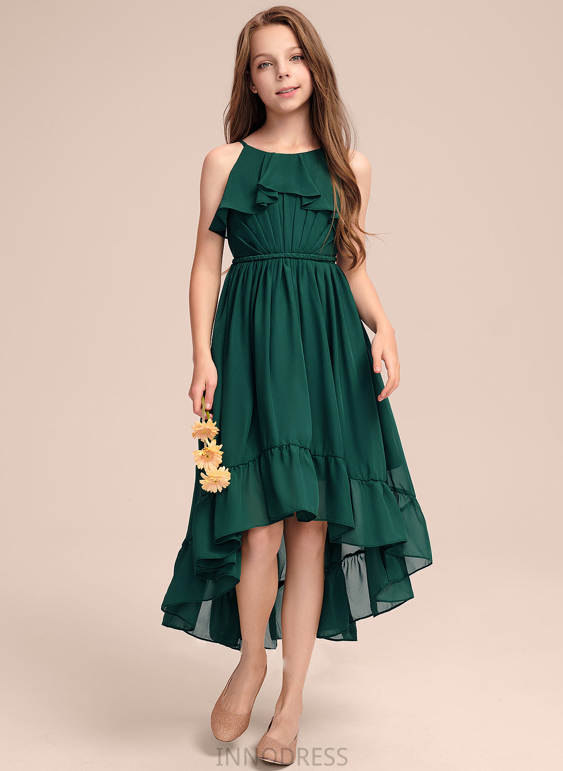 Chiffon Scoop Asymmetrical Junior Bridesmaid Dresses Ruffles Katherine Cascading A-Line Neck With