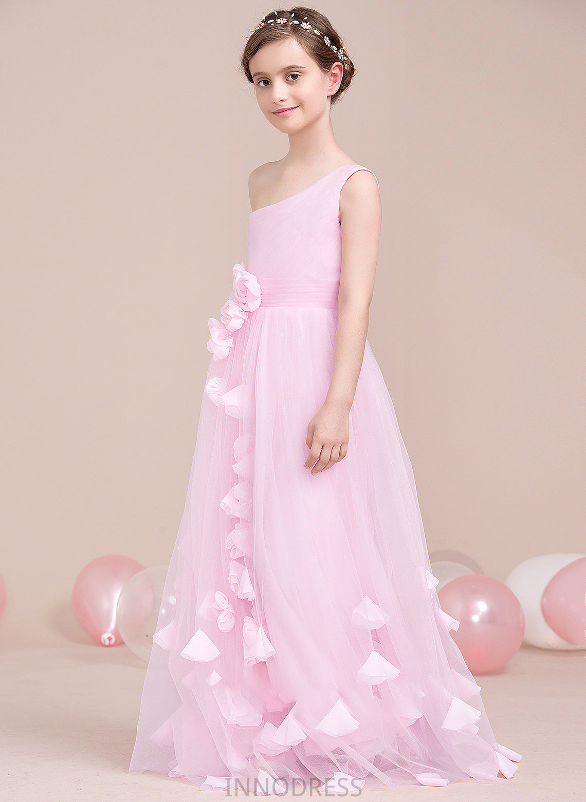 With Adelaide Ruffle Tulle One-Shoulder Floor-Length A-Line Flower(s) Junior Bridesmaid Dresses