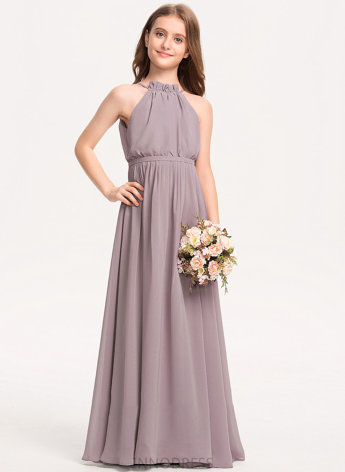 Bow(s) Anaya High Junior Bridesmaid Dresses Ruffles Floor-Length Cascading A-Line Neck Chiffon With