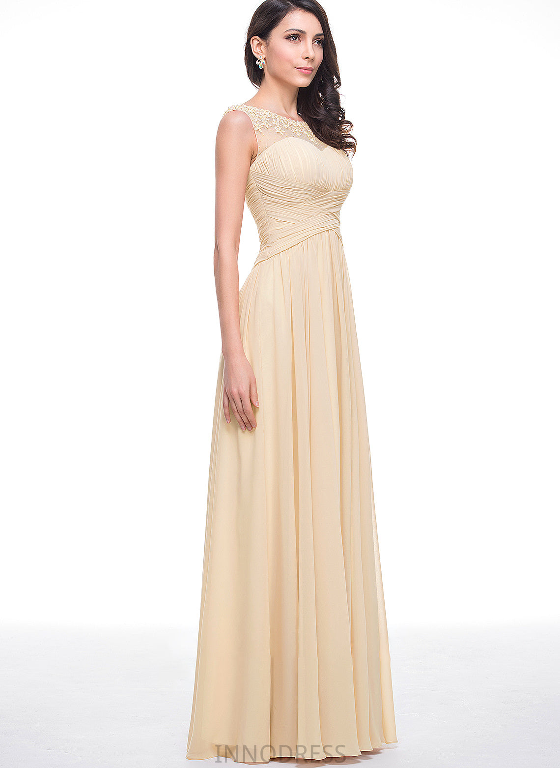 Prom Dresses A-Line Scoop With Flower(s) Floor-Length Neck Chiffon Ruffle Beading Nora