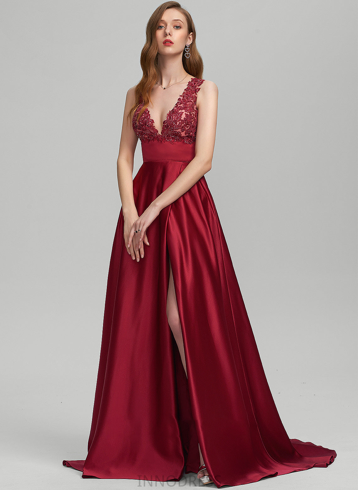 Ball-Gown/Princess Maeve Prom Dresses Train Satin Split Sweep With Sequins V-neck Front