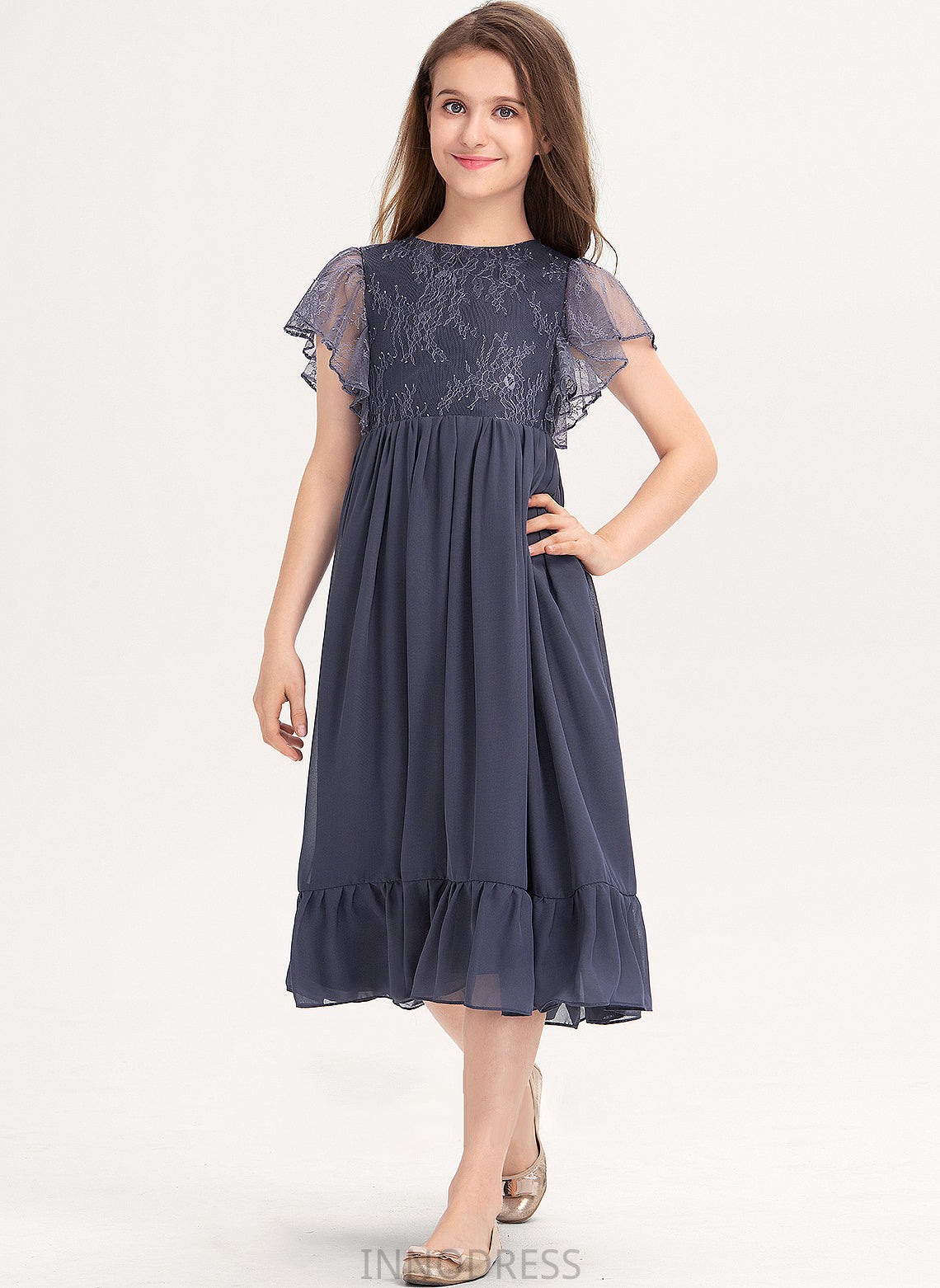 Lace Junior Bridesmaid Dresses With Scoop Cascading Denise Neck Knee-Length A-Line Ruffles Chiffon