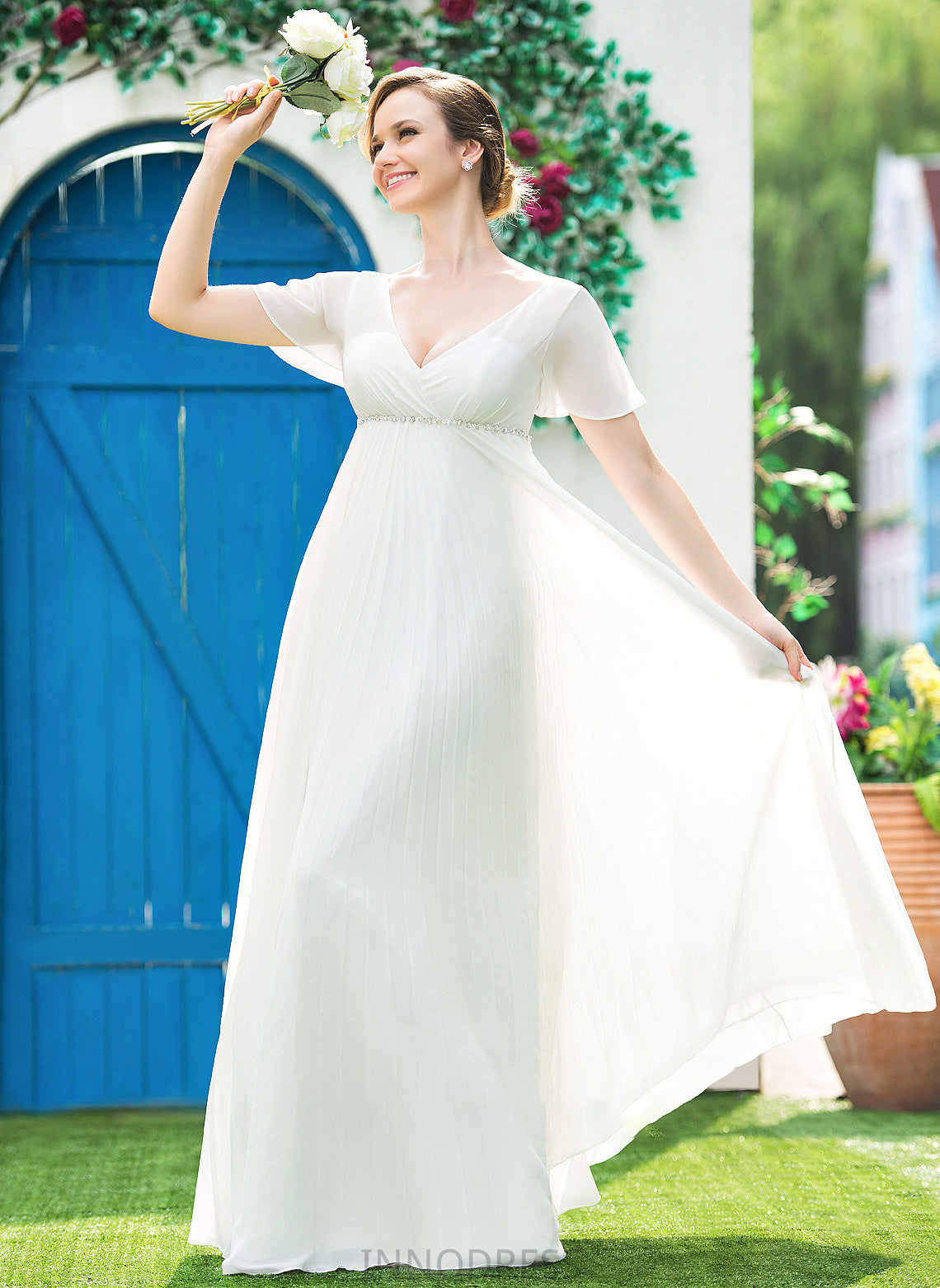 Pleated Wedding Empire Margaret Beading Dress Floor-Length V-neck Chiffon Wedding Dresses With