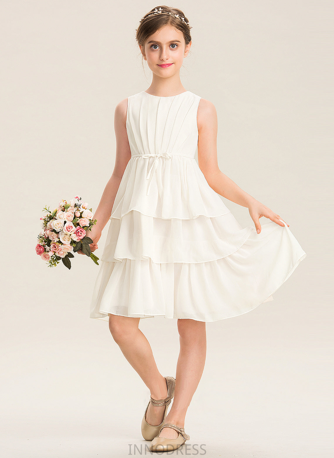 Scoop Ruffles Bow(s) With Chiffon Neck Perla A-Line Junior Bridesmaid Dresses Cascading Knee-Length