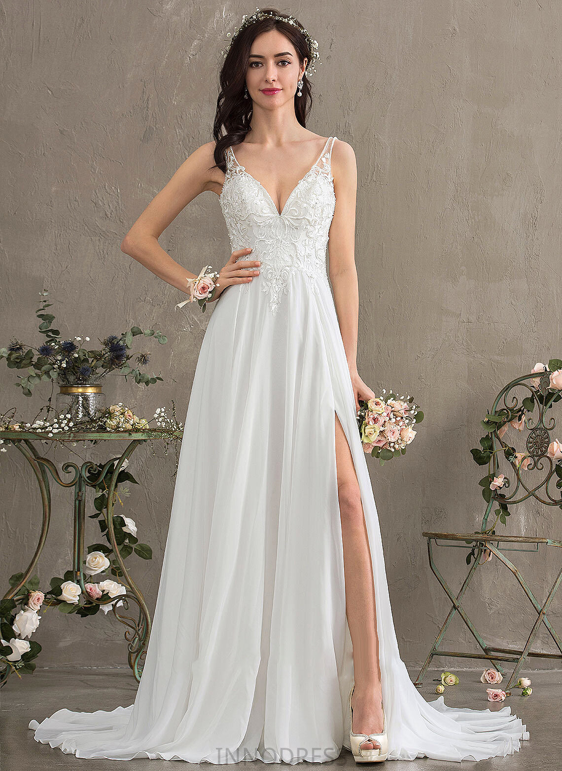 Sequins Dress Wedding Split A-Line V-neck Chiffon Beading Sadie Wedding Dresses Front Sweep With Train