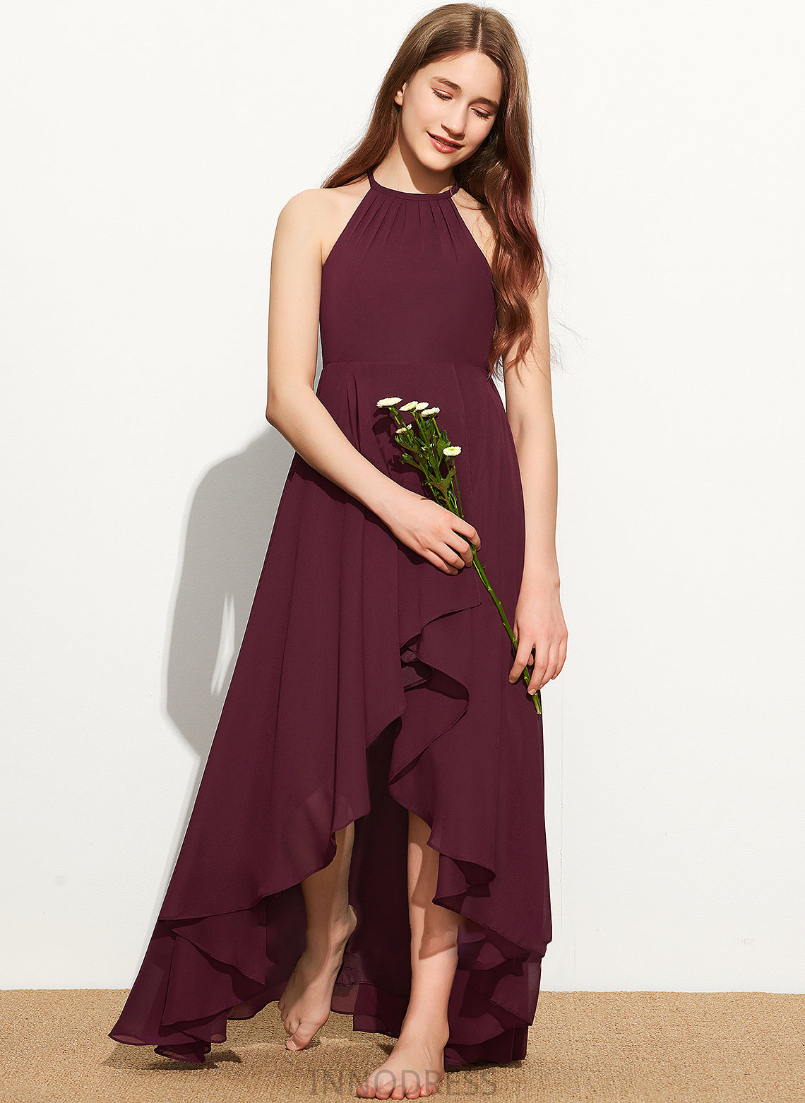 Ruffle Junior Bridesmaid Dresses Asymmetrical Neck A-Line Chiffon With Alannah Scoop