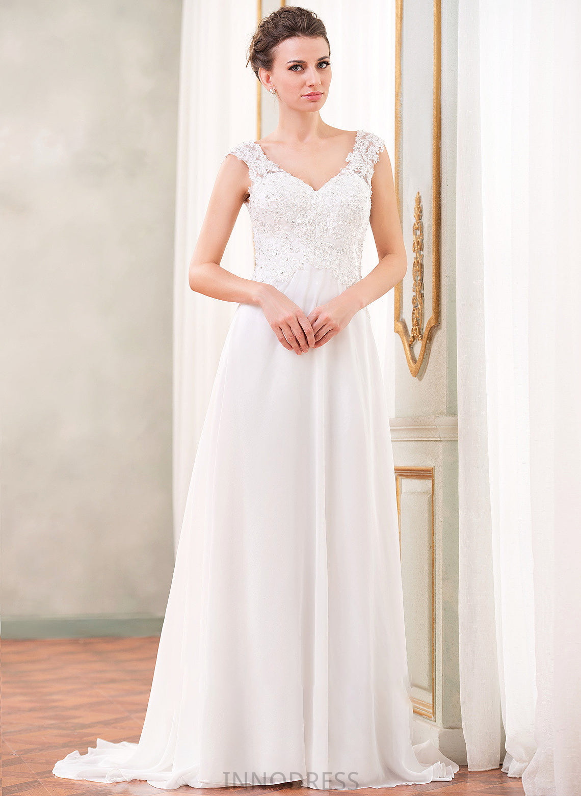 Sequins Sweep Chiffon Julianna A-Line Beading Dress Lace Train V-neck With Wedding Dresses Wedding