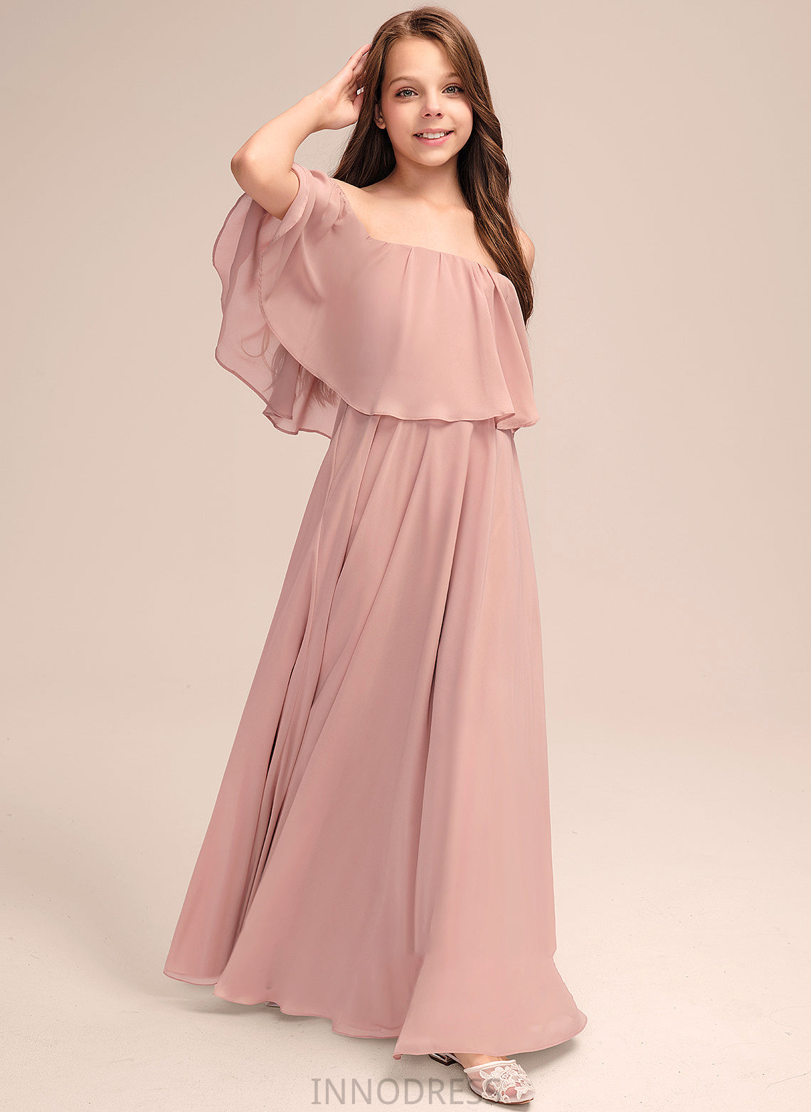 With Hallie A-Line Floor-Length Off-the-Shoulder Ruffle Chiffon Junior Bridesmaid Dresses