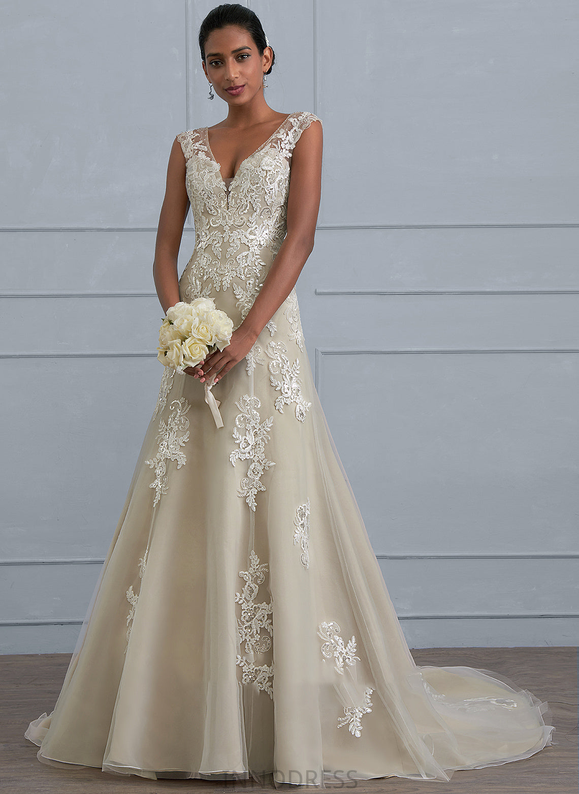 A-Line V-neck Lace Dress Court Wedding Dresses Ellie Train Beading Sequins Tulle With Wedding