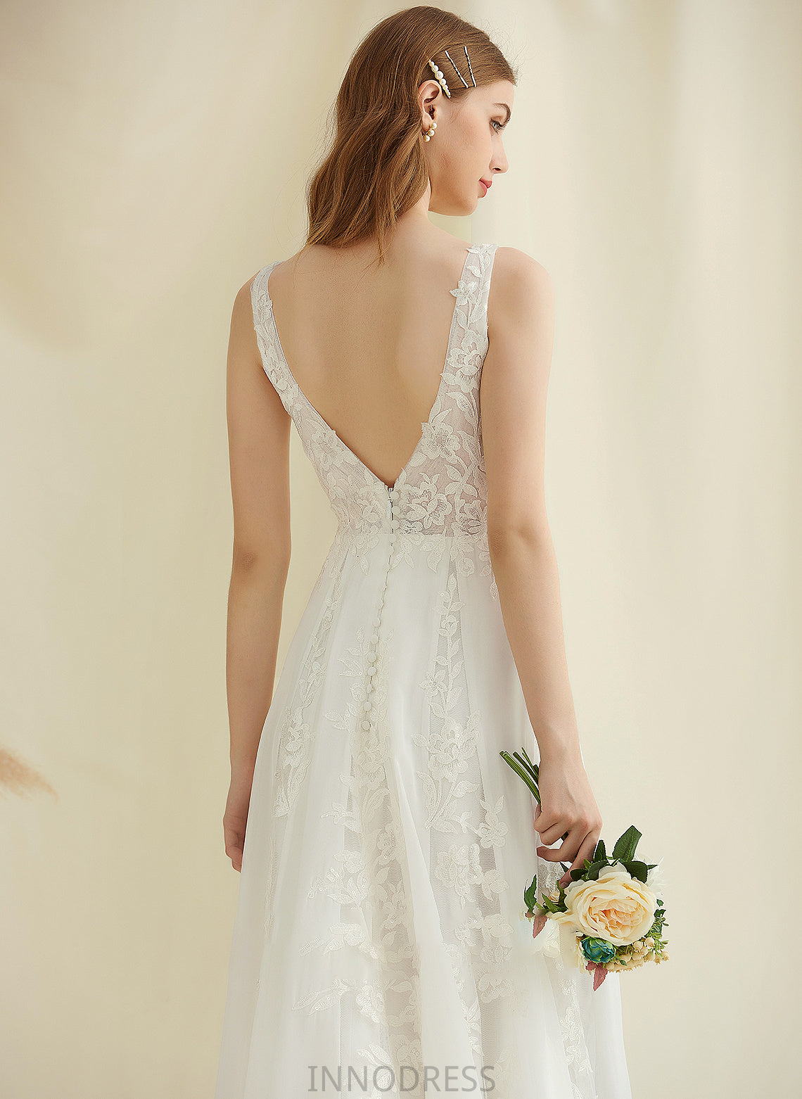 Sequins Dress Wedding Dresses A-Line Chiffon V-neck Train With Sweep Wedding Lace Anastasia