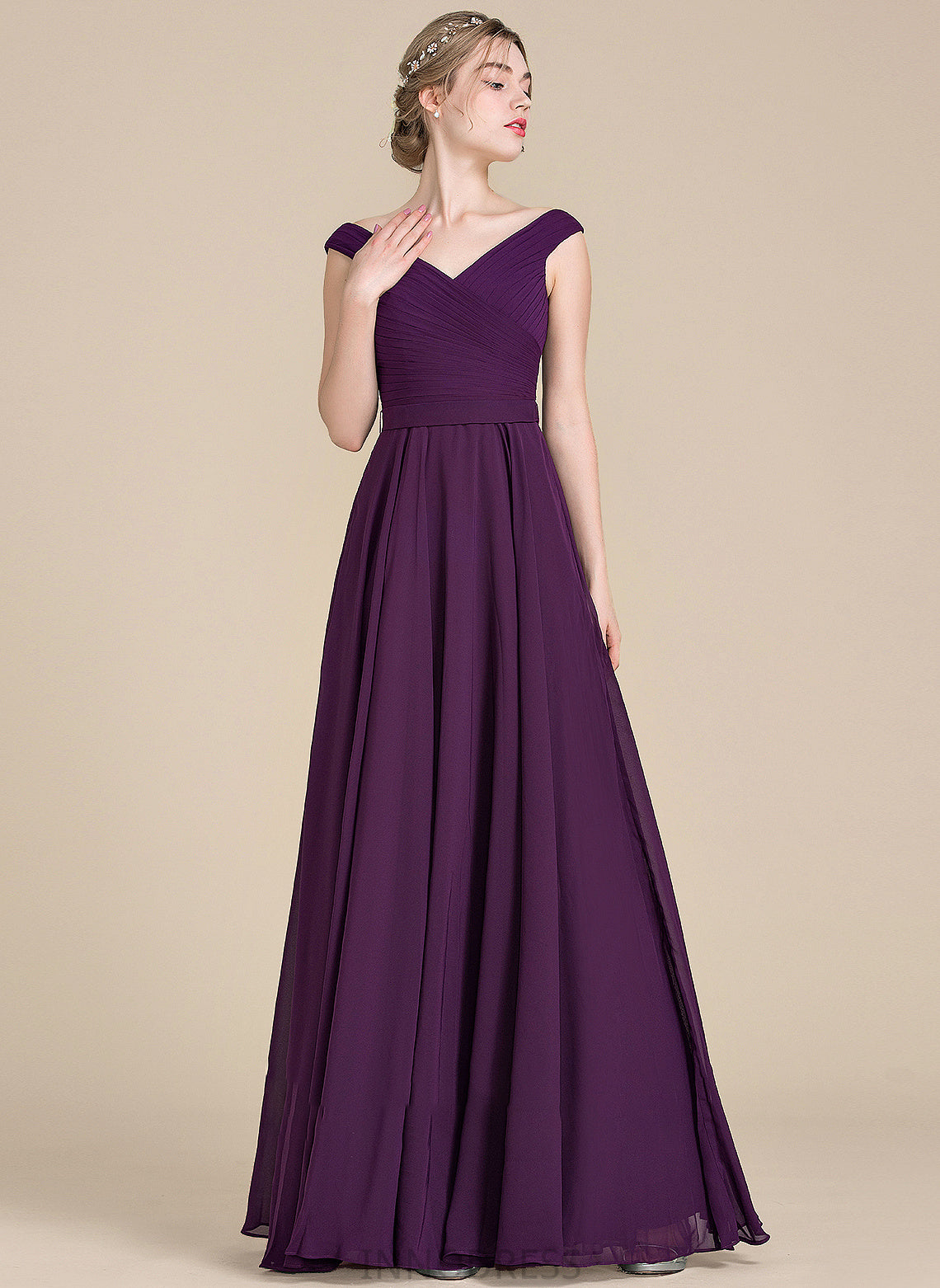 Floor-Length A-Line Ruffle Prom Dresses Off-the-Shoulder Chiffon With Kaley