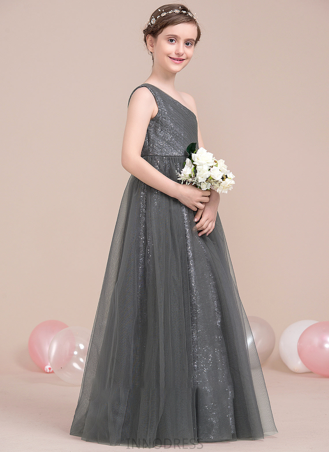 A-Line With Ruffle One-Shoulder Tulle Junior Bridesmaid Dresses Sequined Floor-Length Luna