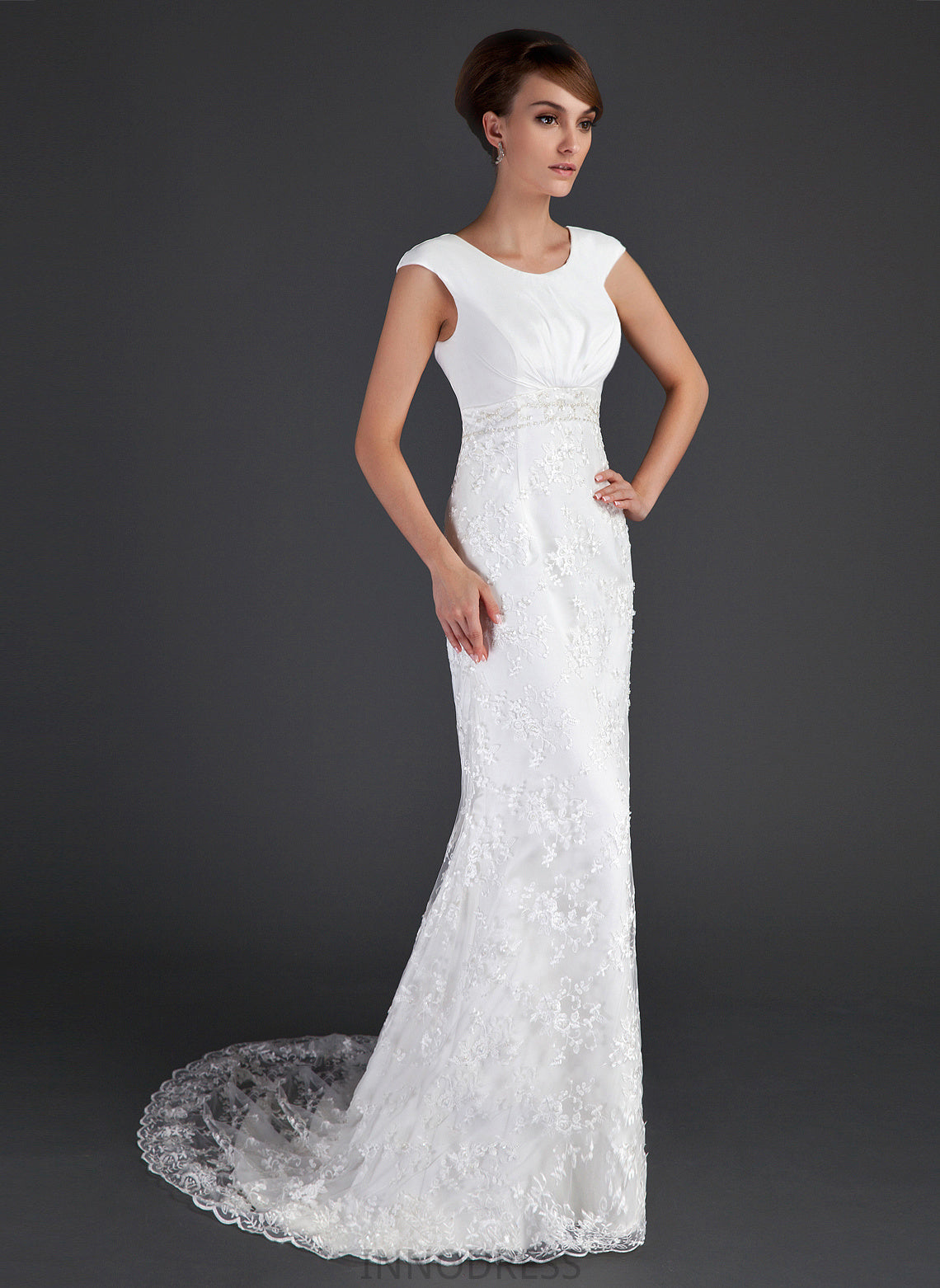 Beading With Lace Court Kaiya Sheath/Column Dress Wedding Train Ruffle Scoop Wedding Dresses Neck