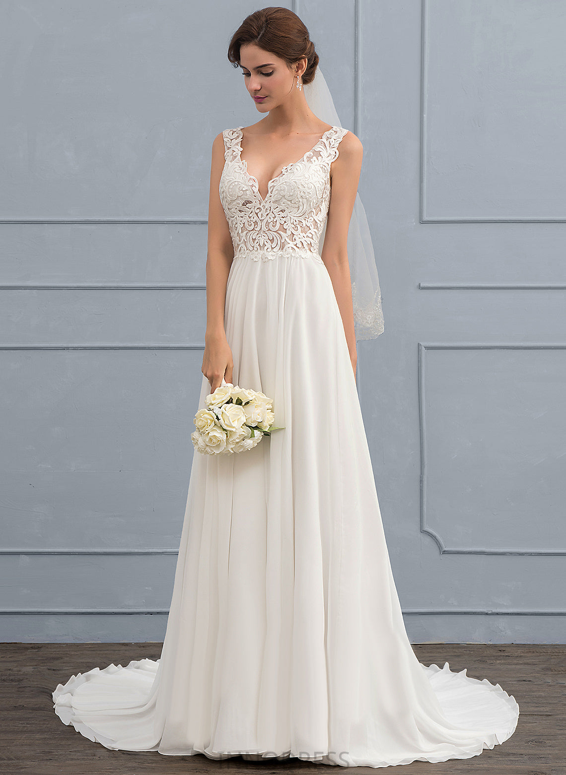 V-neck Elaina Wedding Dresses Dress Chiffon Court A-Line Train Lace Wedding