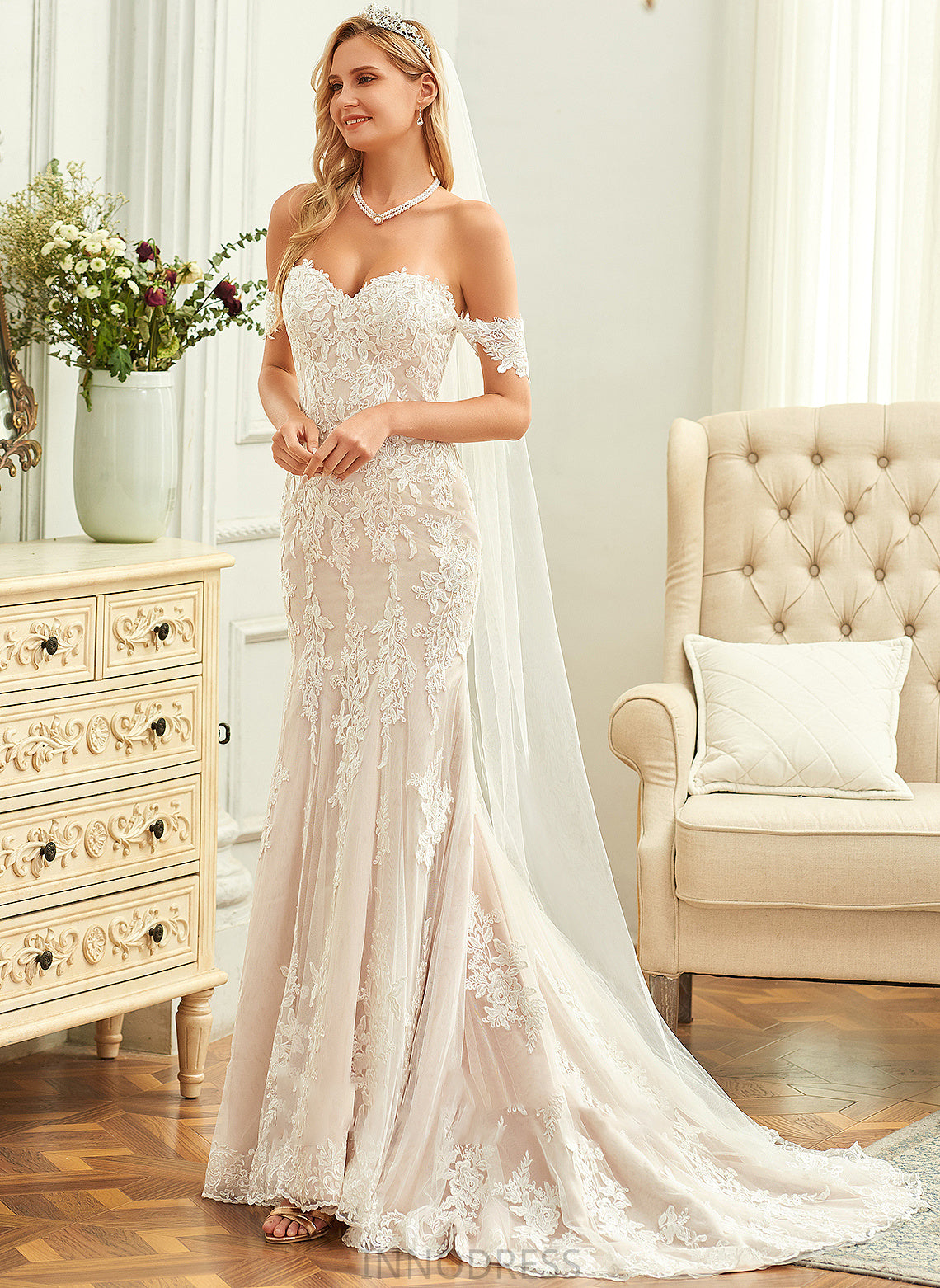 Wedding Dresses Trumpet/Mermaid Madeline Wedding Court Lace Off-the-Shoulder Tulle Dress Train