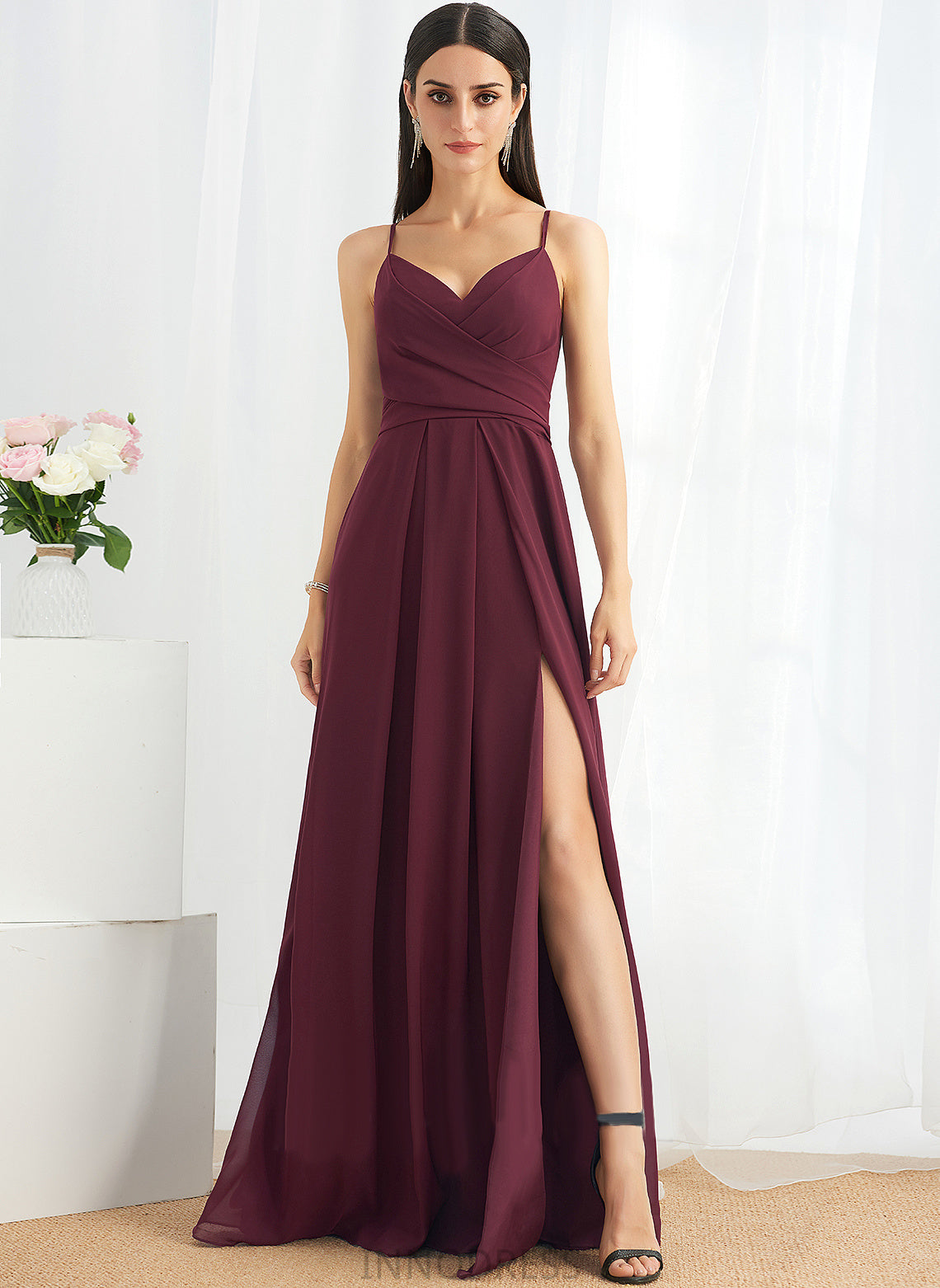 Ruffle V-neck SplitFront Length Fabric Floor-Length Embellishment A-Line Neckline Silhouette Kelly Natural Waist Bridesmaid Dresses