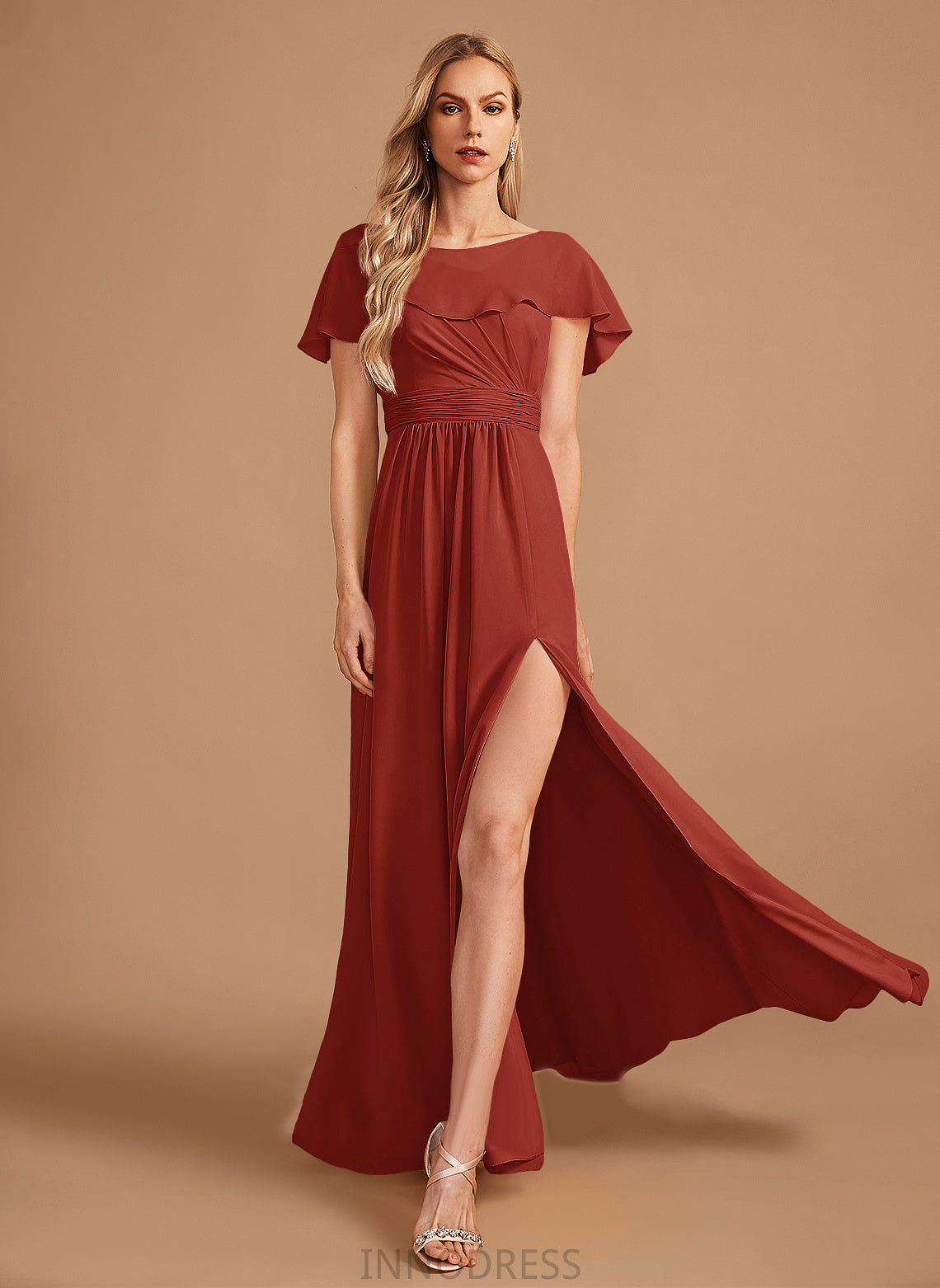 Fabric Neckline Floor-Length SplitFront Embellishment A-Line HighNeck Silhouette Ruffle Length Makena V-Neck Bridesmaid Dresses