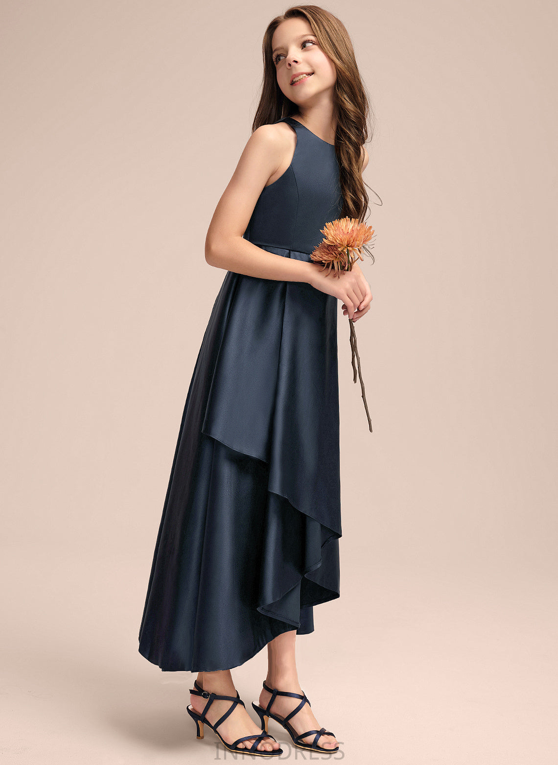 Satin With Junior Bridesmaid Dresses A-Line Neck Asymmetrical Cascading Ruffles Scoop Madilyn