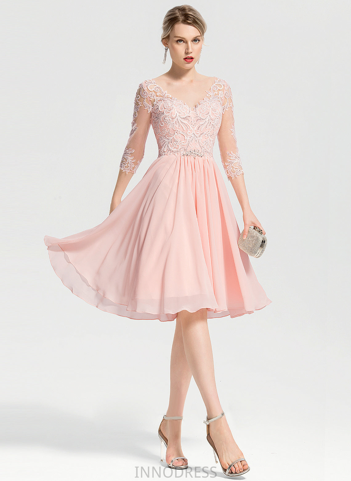 With Lace Knee-Length Theresa Wedding V-neck Dress A-Line Wedding Dresses Chiffon Beading