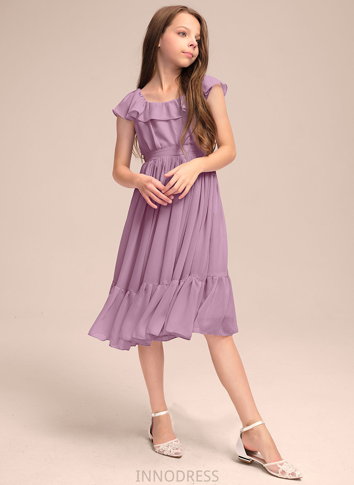 Bow(s) A-Line Ruffles Chiffon Cascading Knee-Length Xiomara Scoop Neck With Junior Bridesmaid Dresses