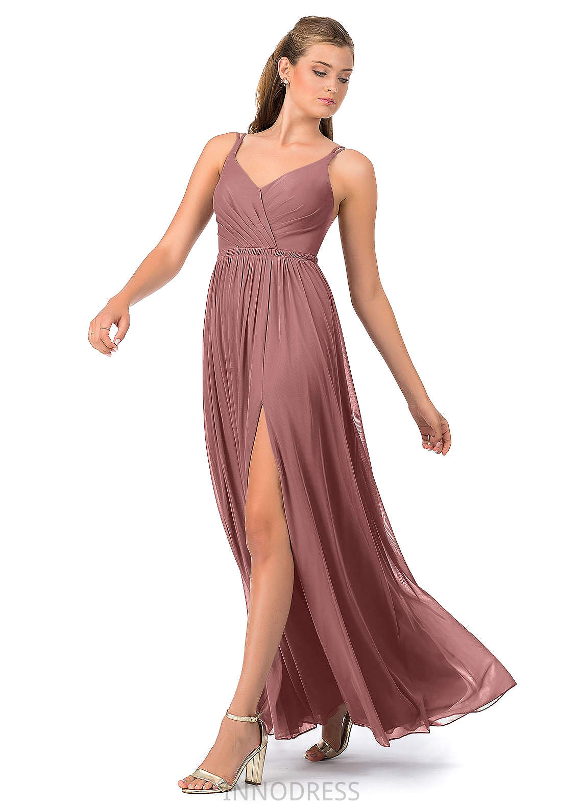 Makenna Floor Length Natural Waist Sheath/Column Sleeveless Spaghetti Staps Bridesmaid Dresses