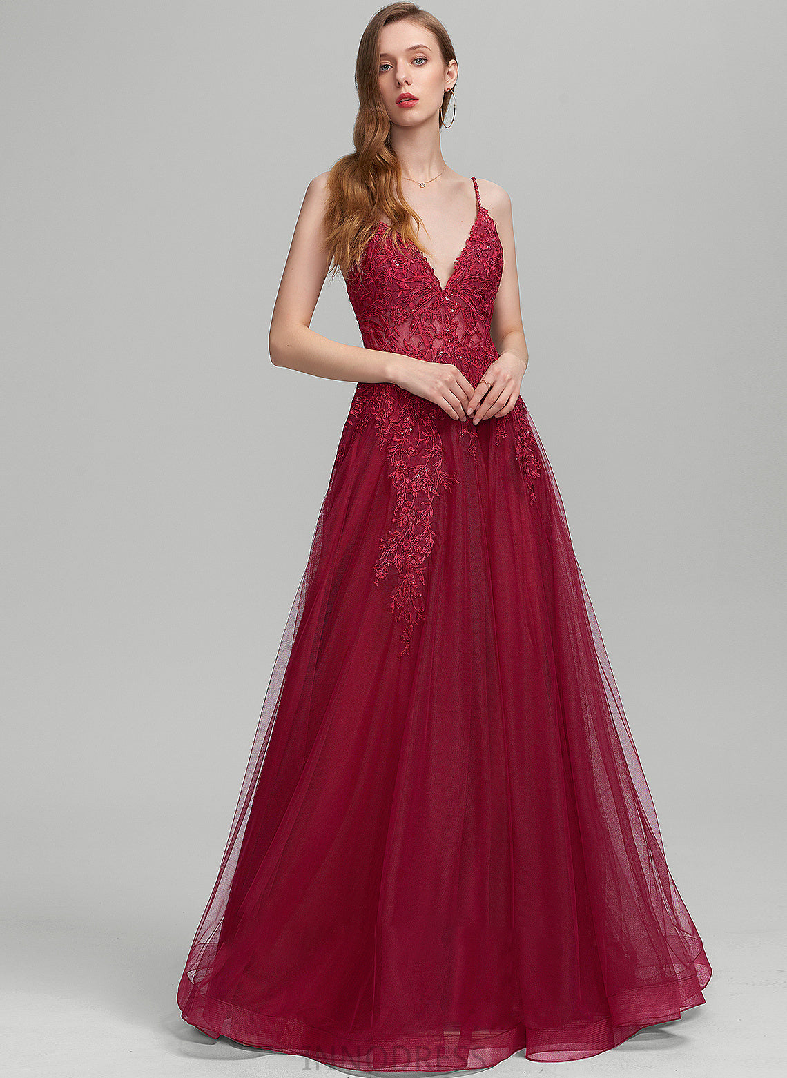 Sequins Floor-Length Leyla Beading Ball-Gown/Princess With V-neck Tulle Prom Dresses